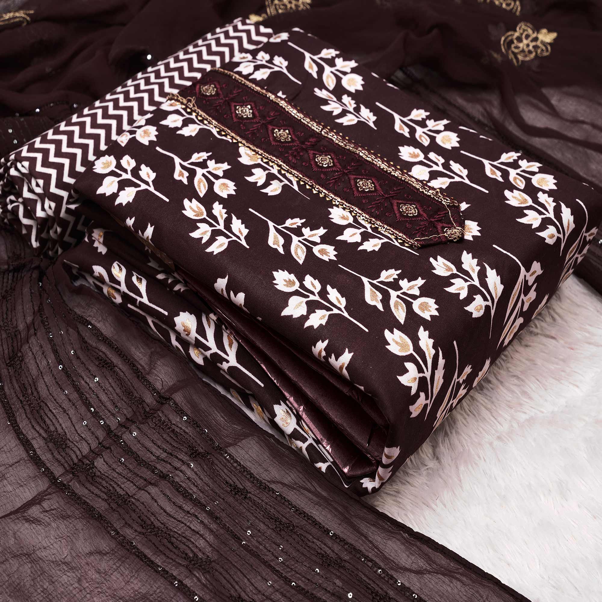 Coffee Brown Foil Printed Cotton Blend Dress Material