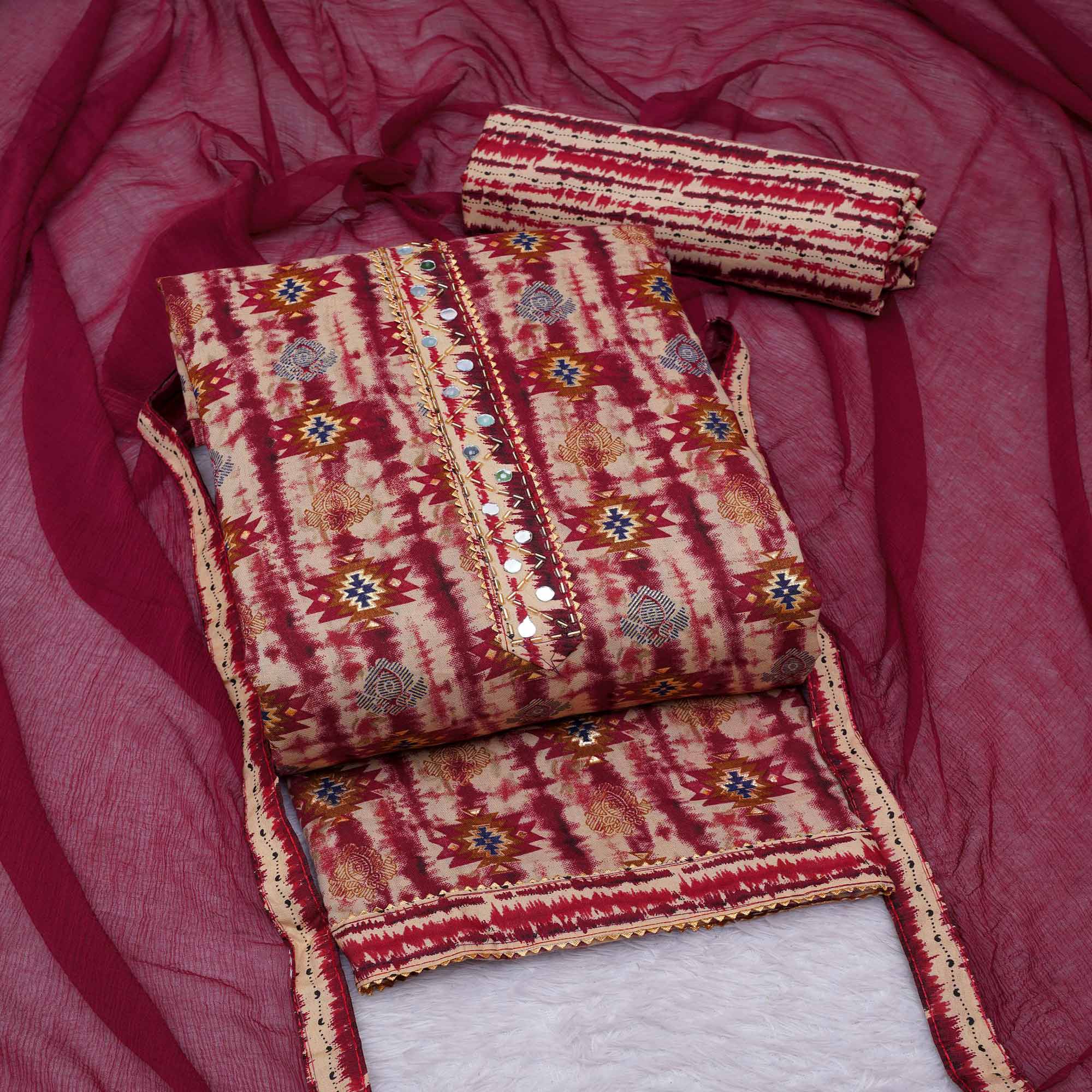 Maroon Foil Printed Cotton Blend Dress Material