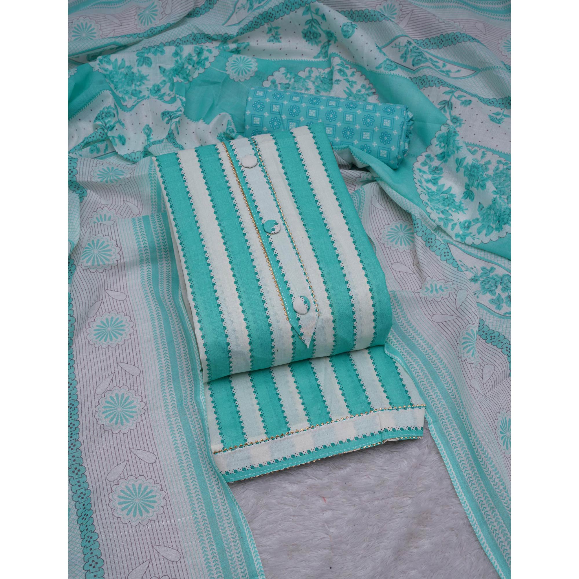 Turquoise Printed With Gota Patti Work Cotton Blend Dress Material