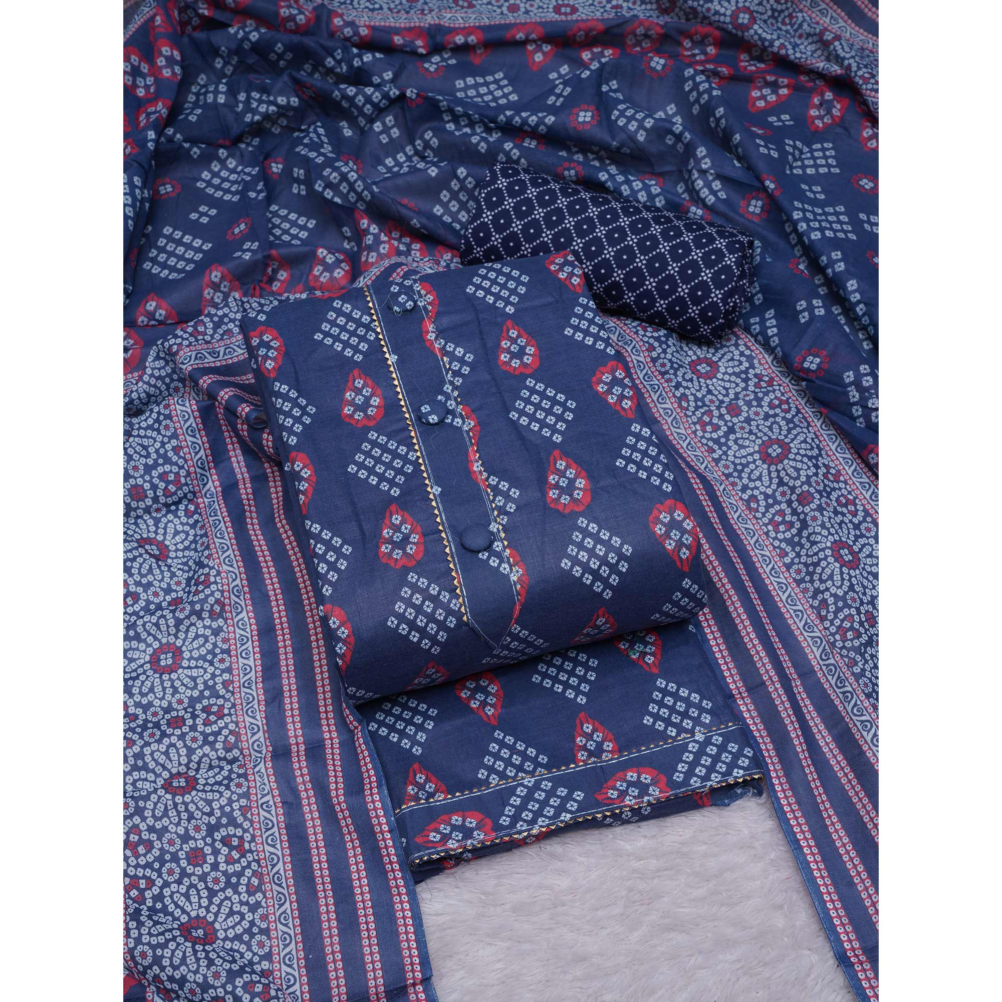 Blue Bandhani Printed Cotton Blend Dress Material