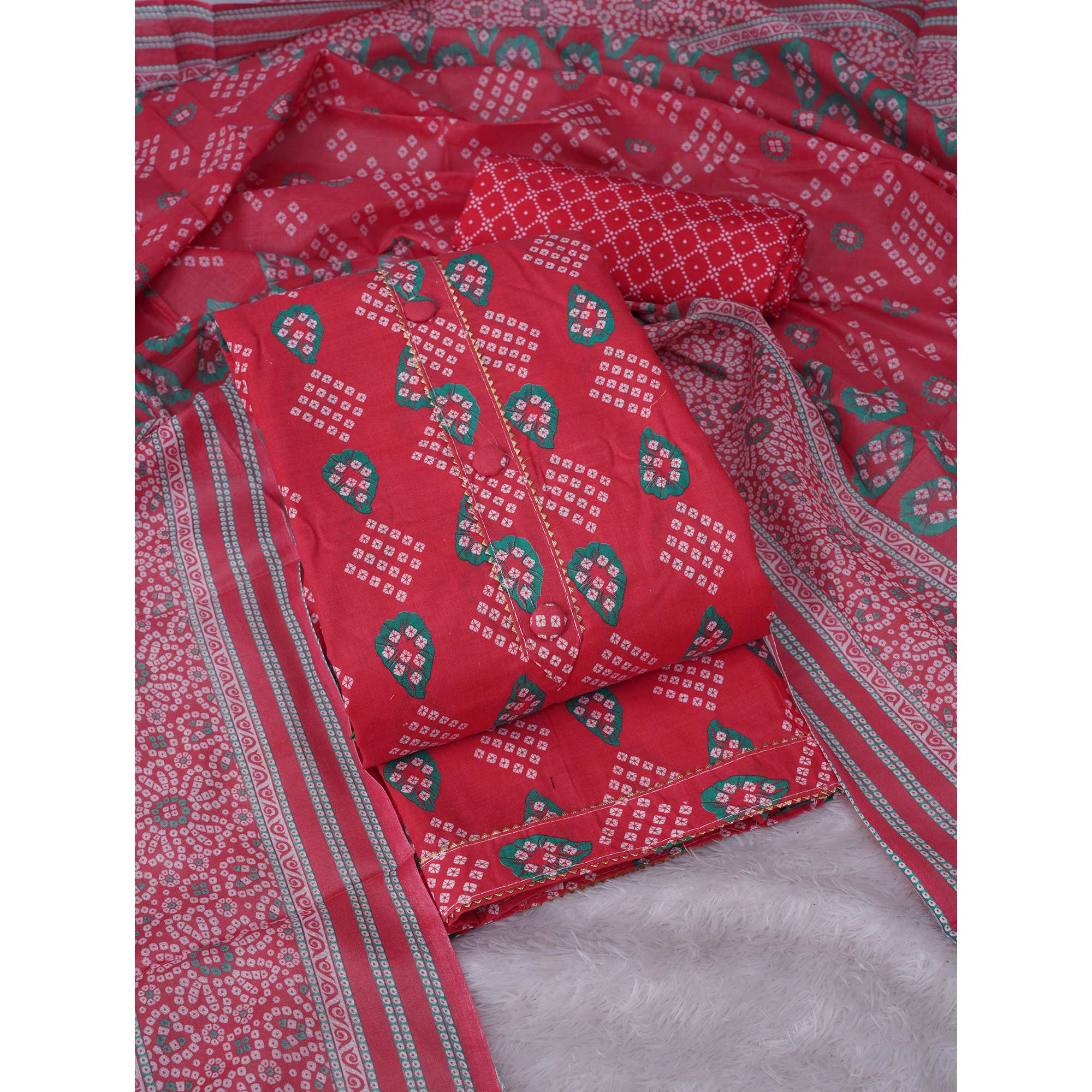 Gajari Pink Bandhani Printed Cotton Blend Dress Material