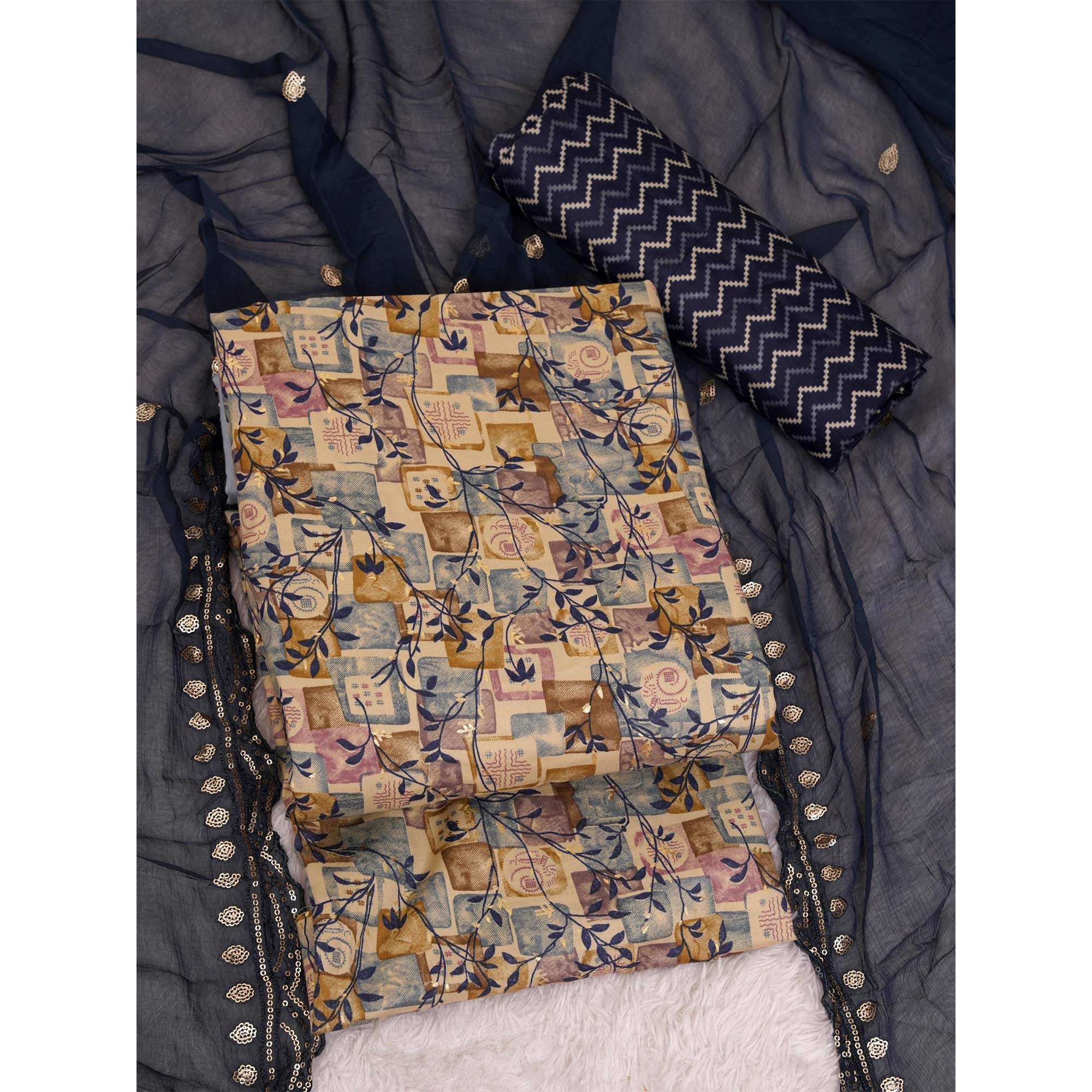 Chikoo & Blue Foil Printed Cotton Blend Dress Material