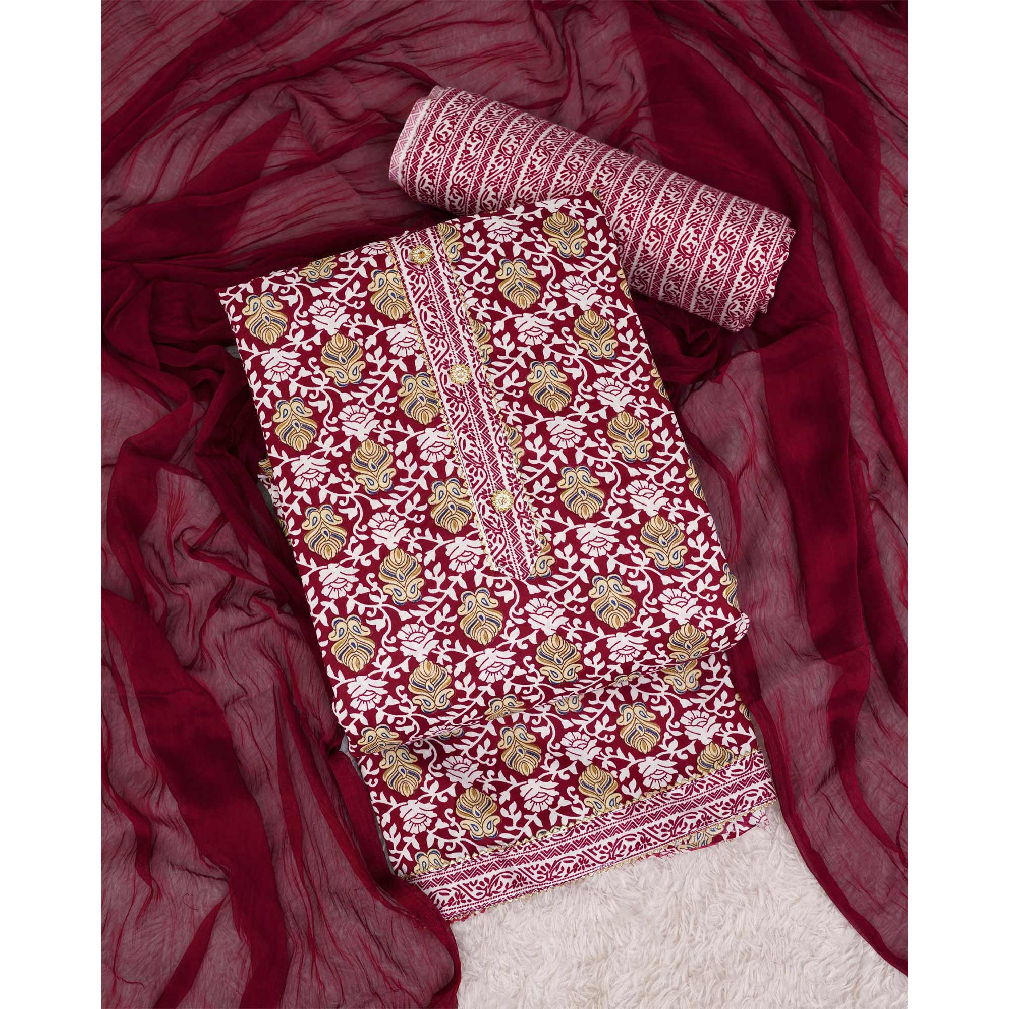 Maroon Foil Printed Cotton Blend Dress Material