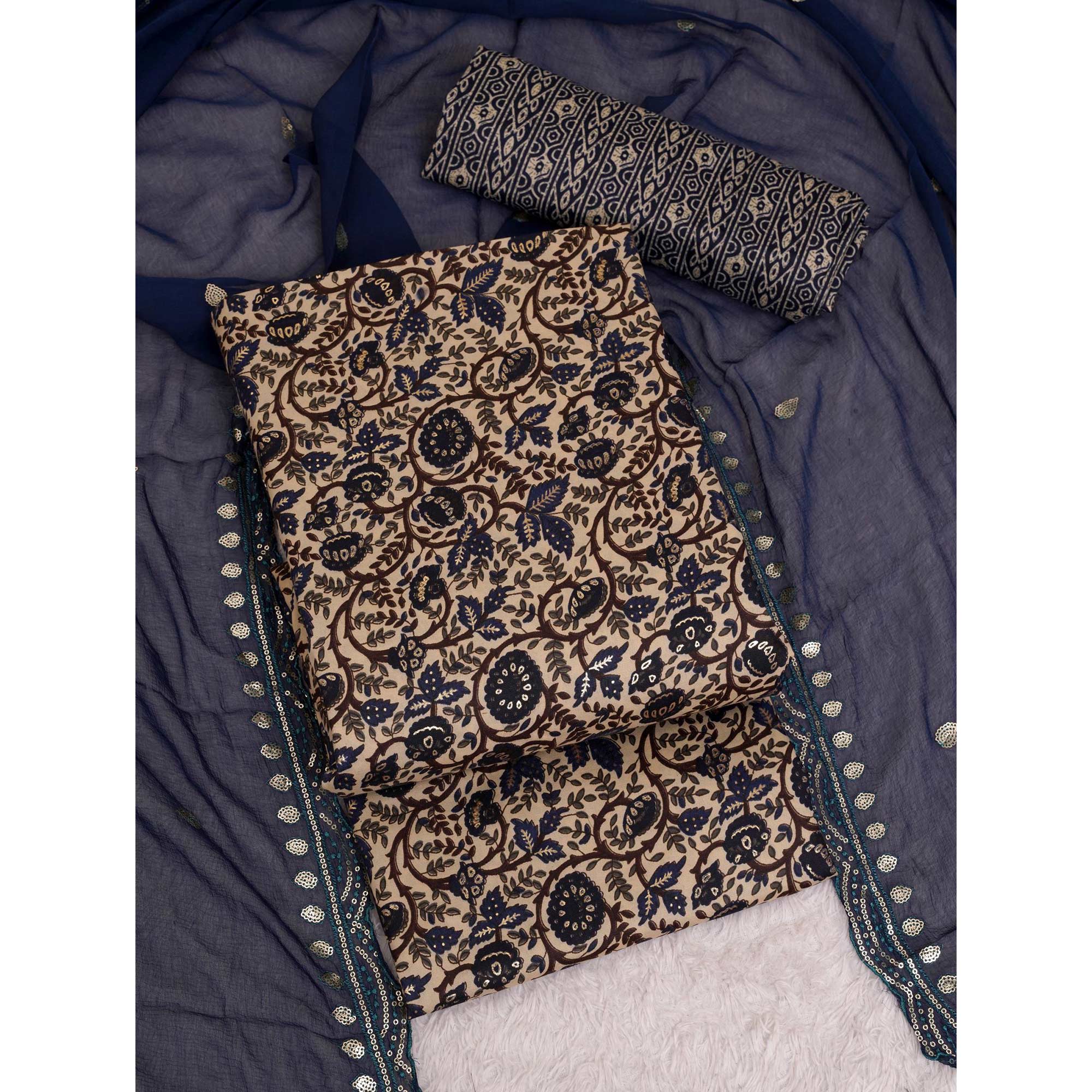 Navy Blue Foil Printed Cotton Blend Dress Material