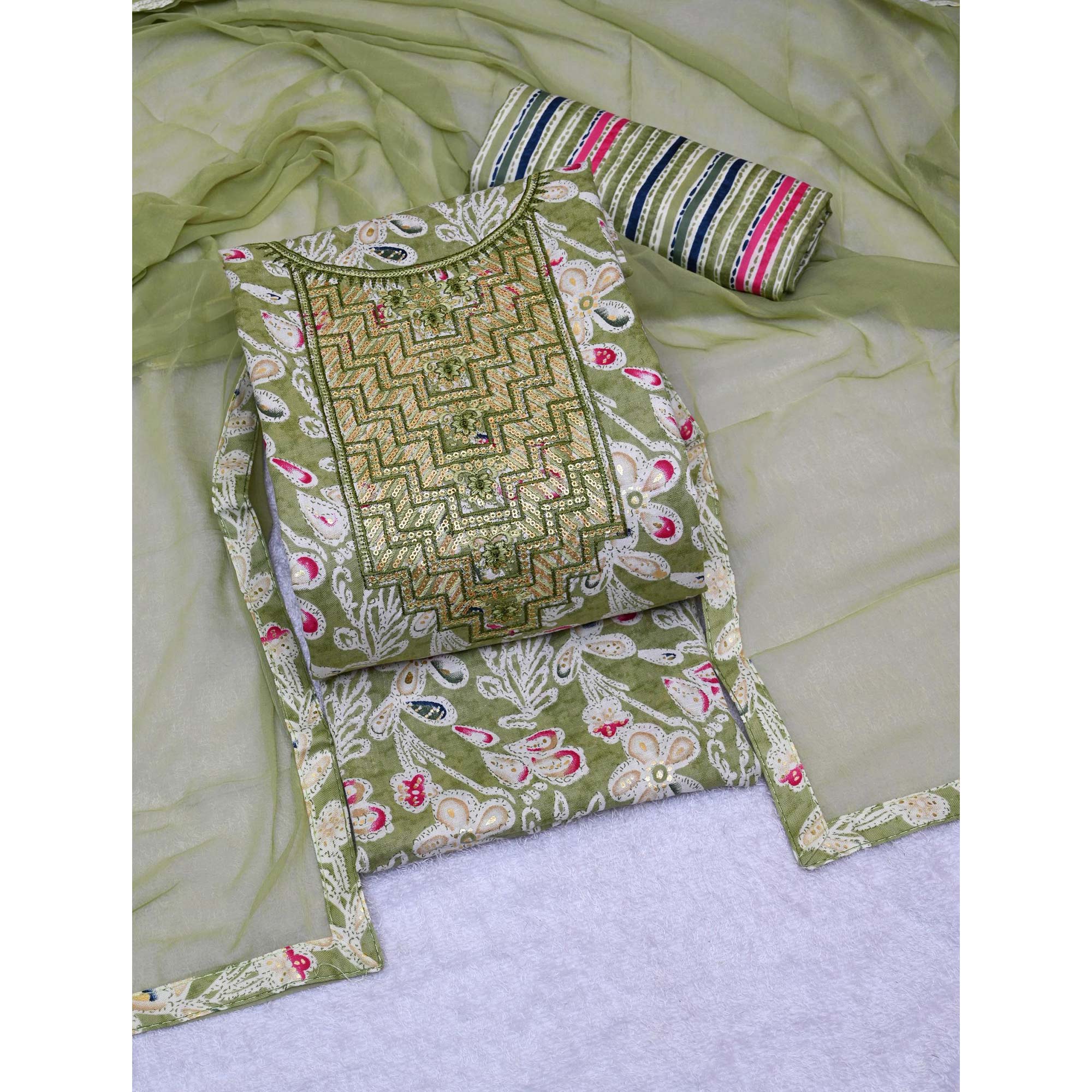 Green Foil Printed With Sequins Embroidery Cotton Blend Dress Material