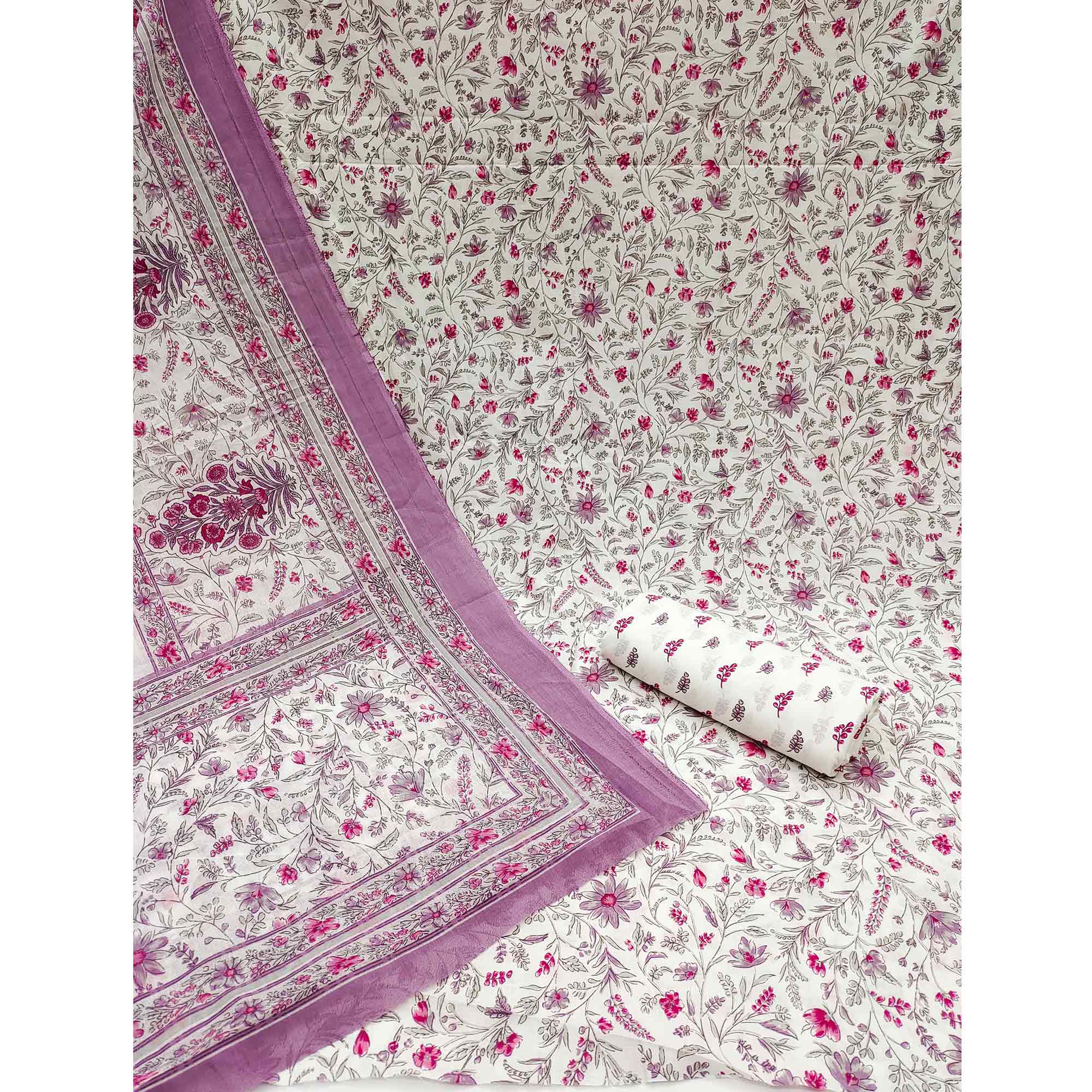 White & Purple Floral Printed Pure Cotton Dress Material