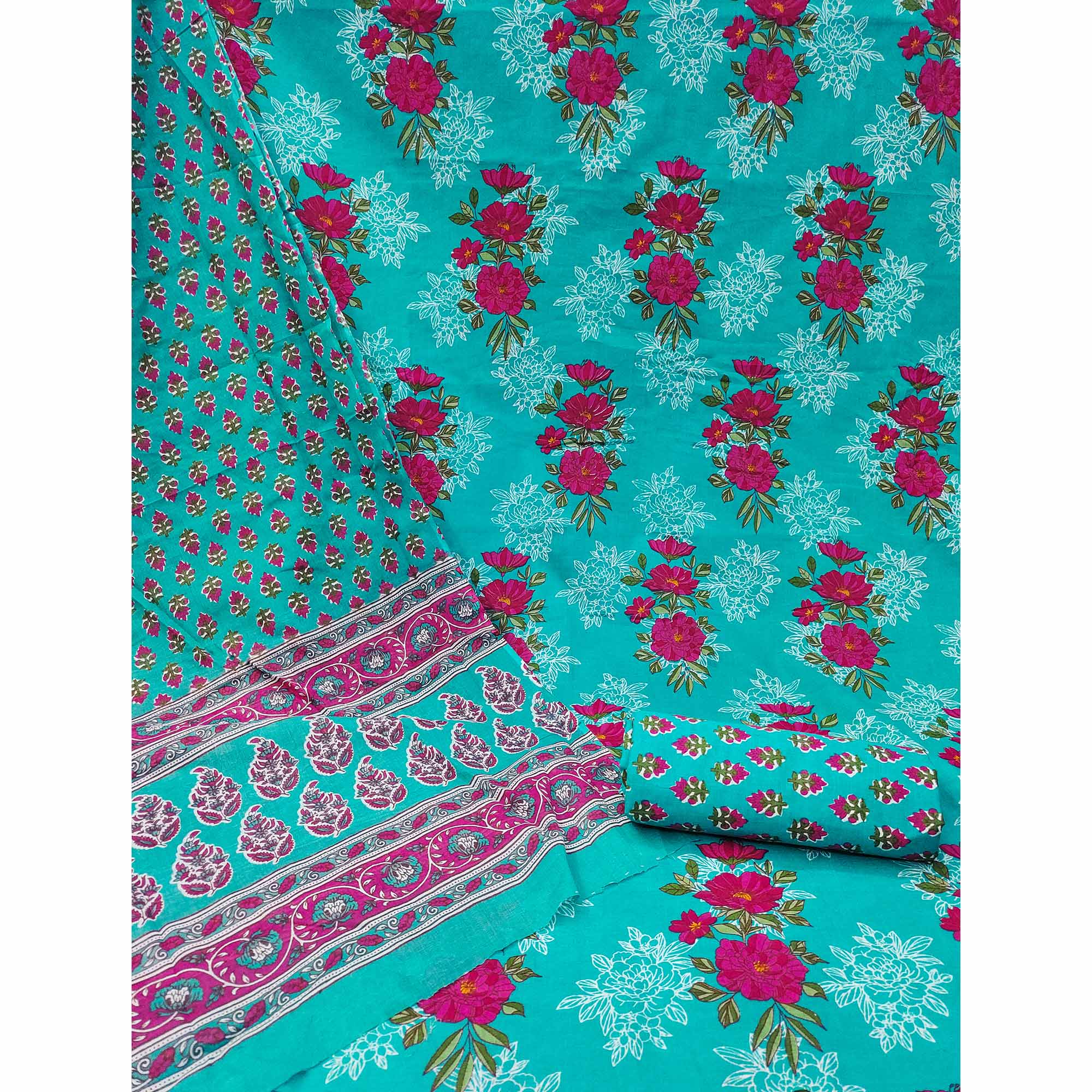 Turquoise Floral Printed Pure Cotton Dress Material