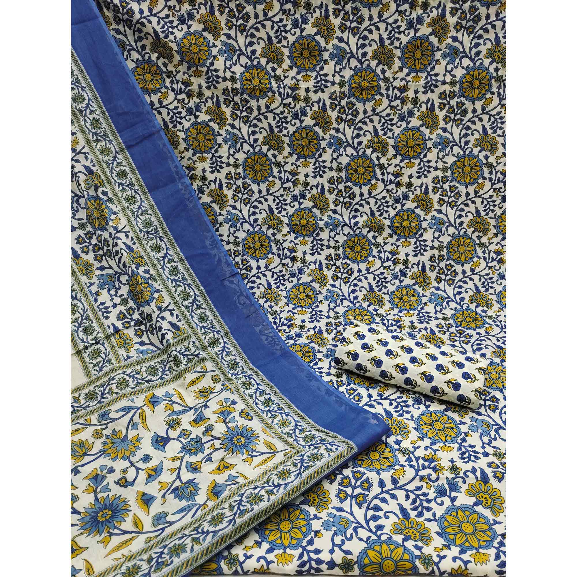 Navy Blue Floral Printed Pure Cotton Dress Material