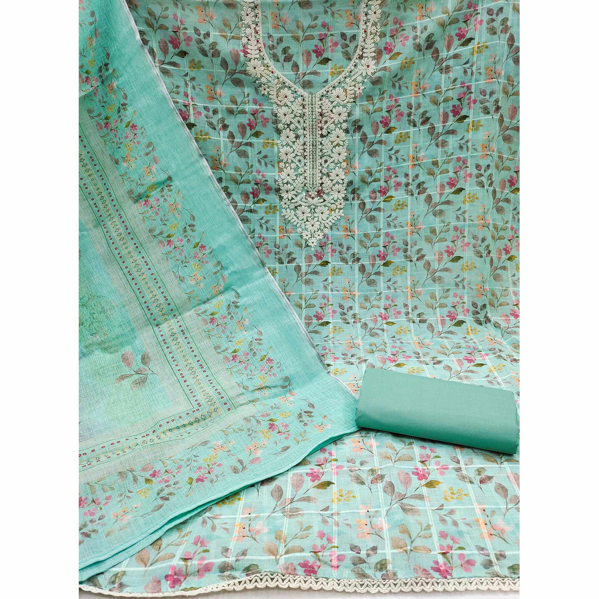 Turquoise Floral Printed With Embroidery Cotton Blend Dress Material