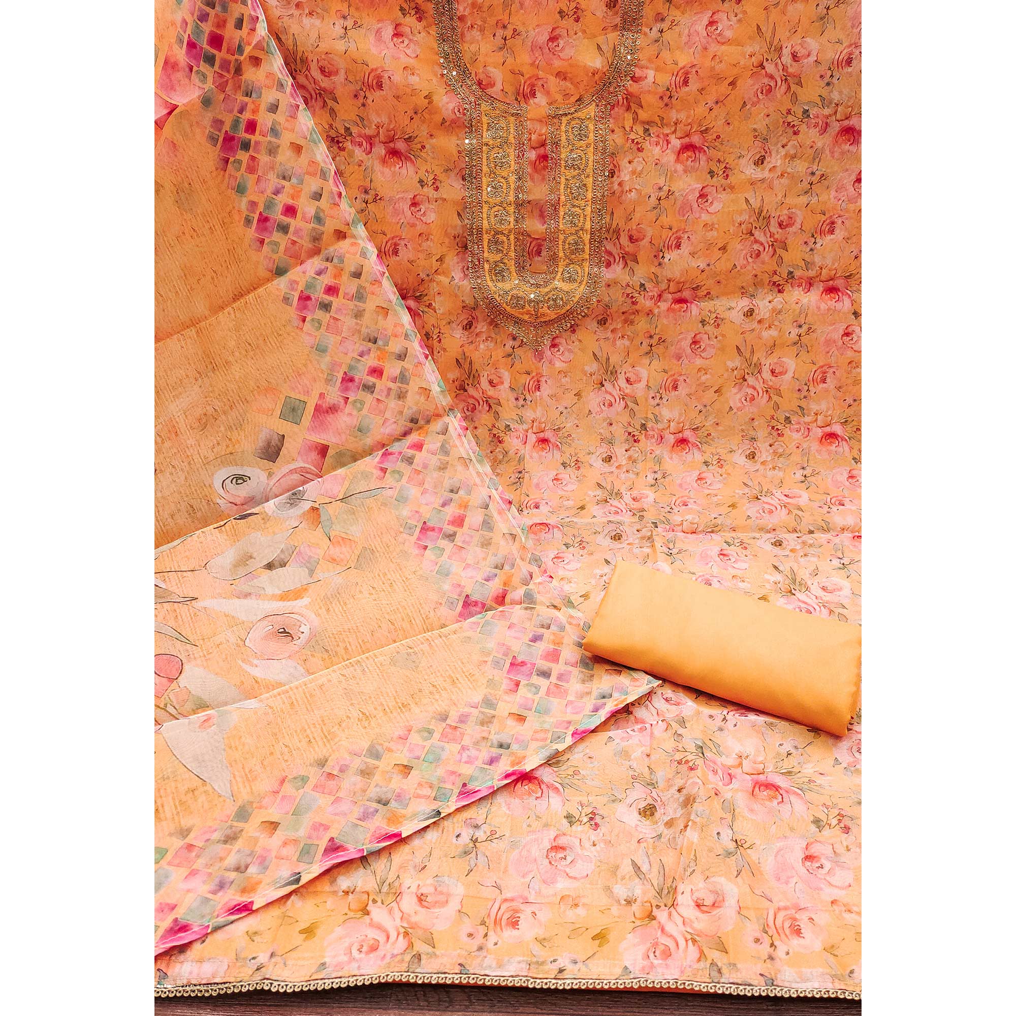 Orange Floral Printed Organza Dress Material