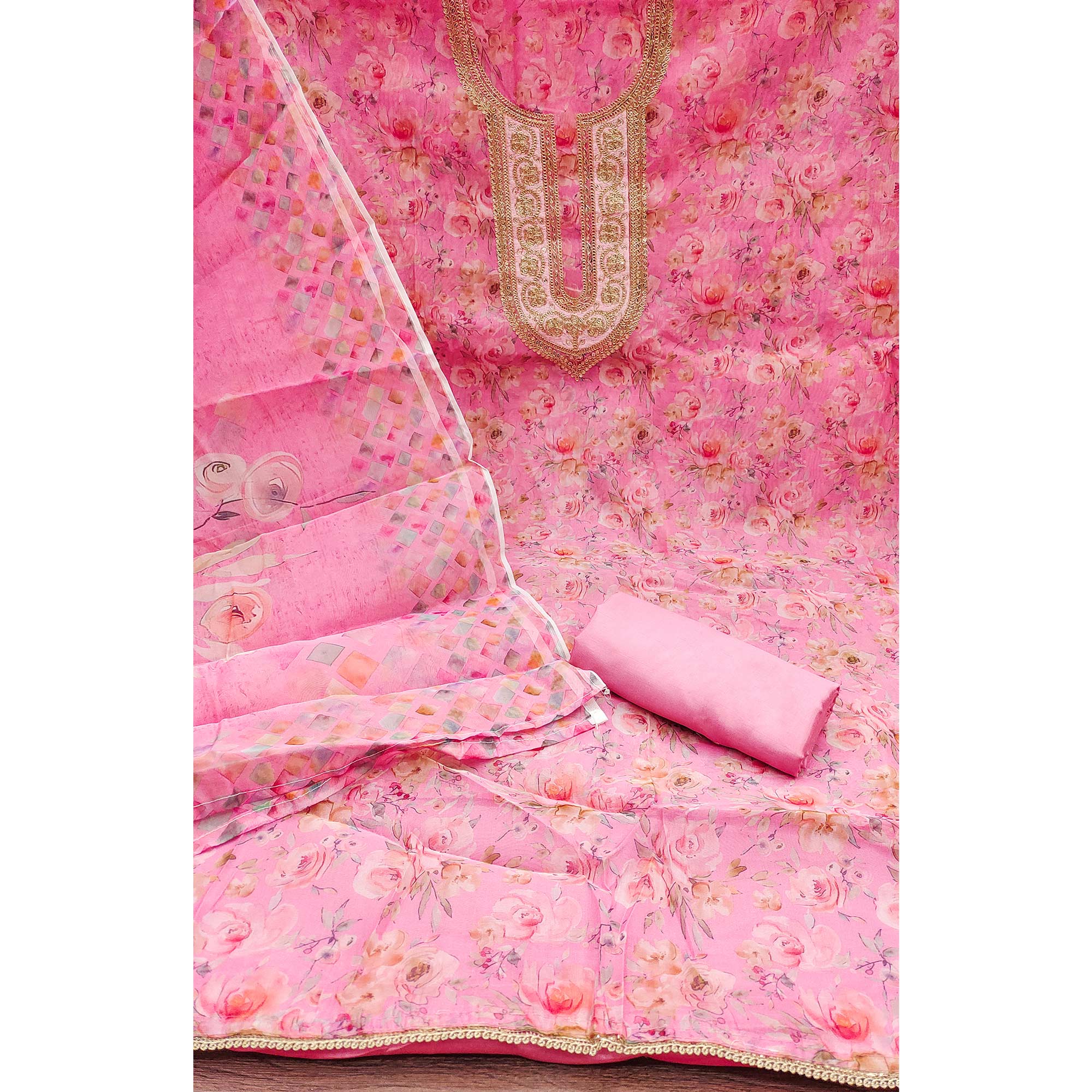 Pink Floral Printed Organza Dress Material