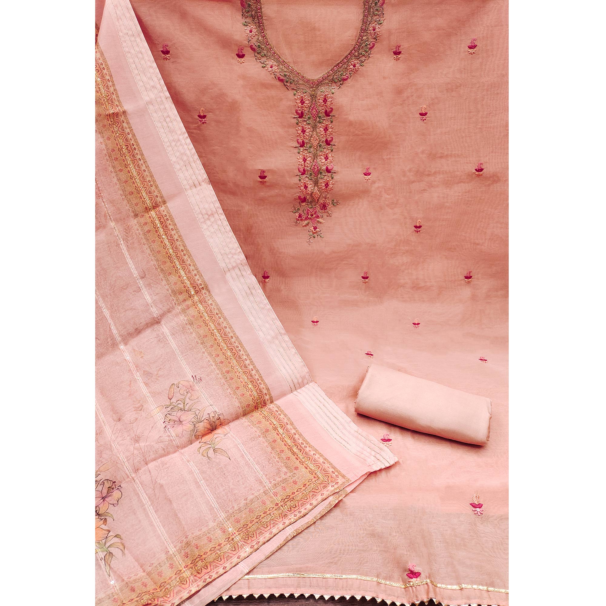 Peach Floral Embroidered Chanderi Dress Material