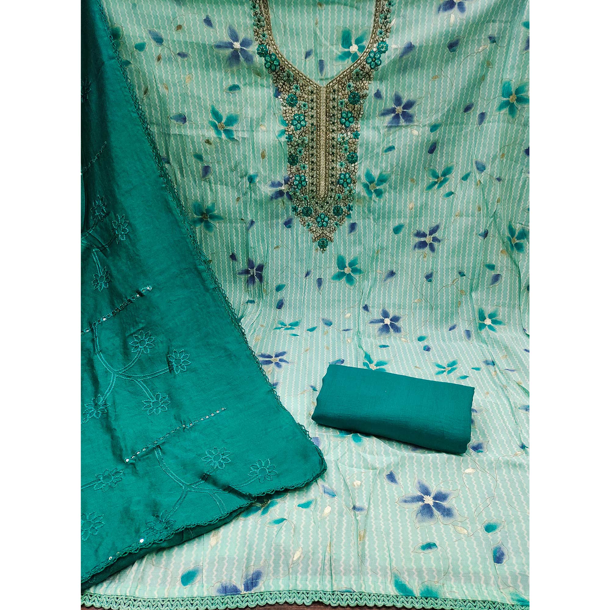 Turquoise Floral Printed With Embroidered Pure Cotton Dress Material