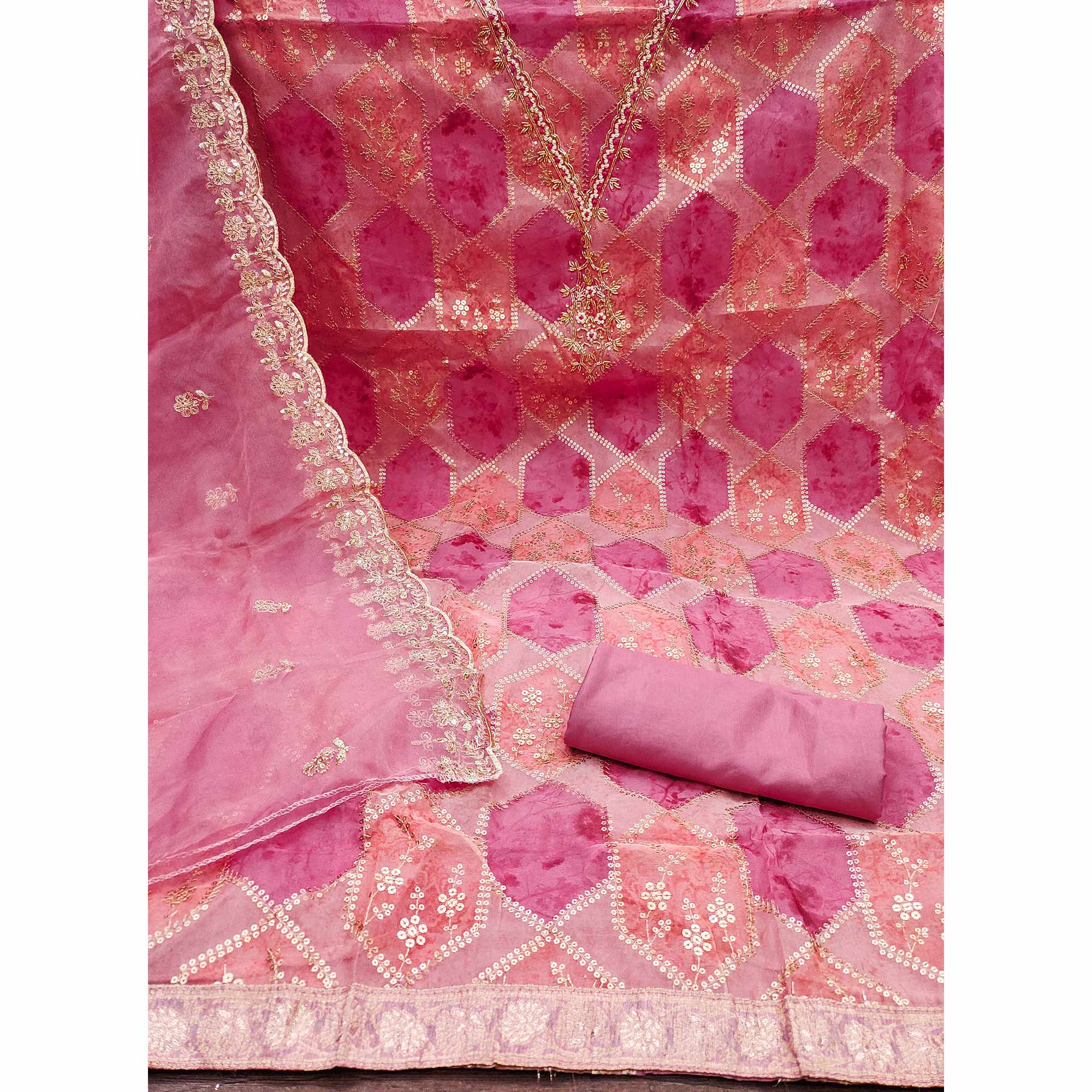 Pink Floral Sequins Embroidered Organza Dress Material