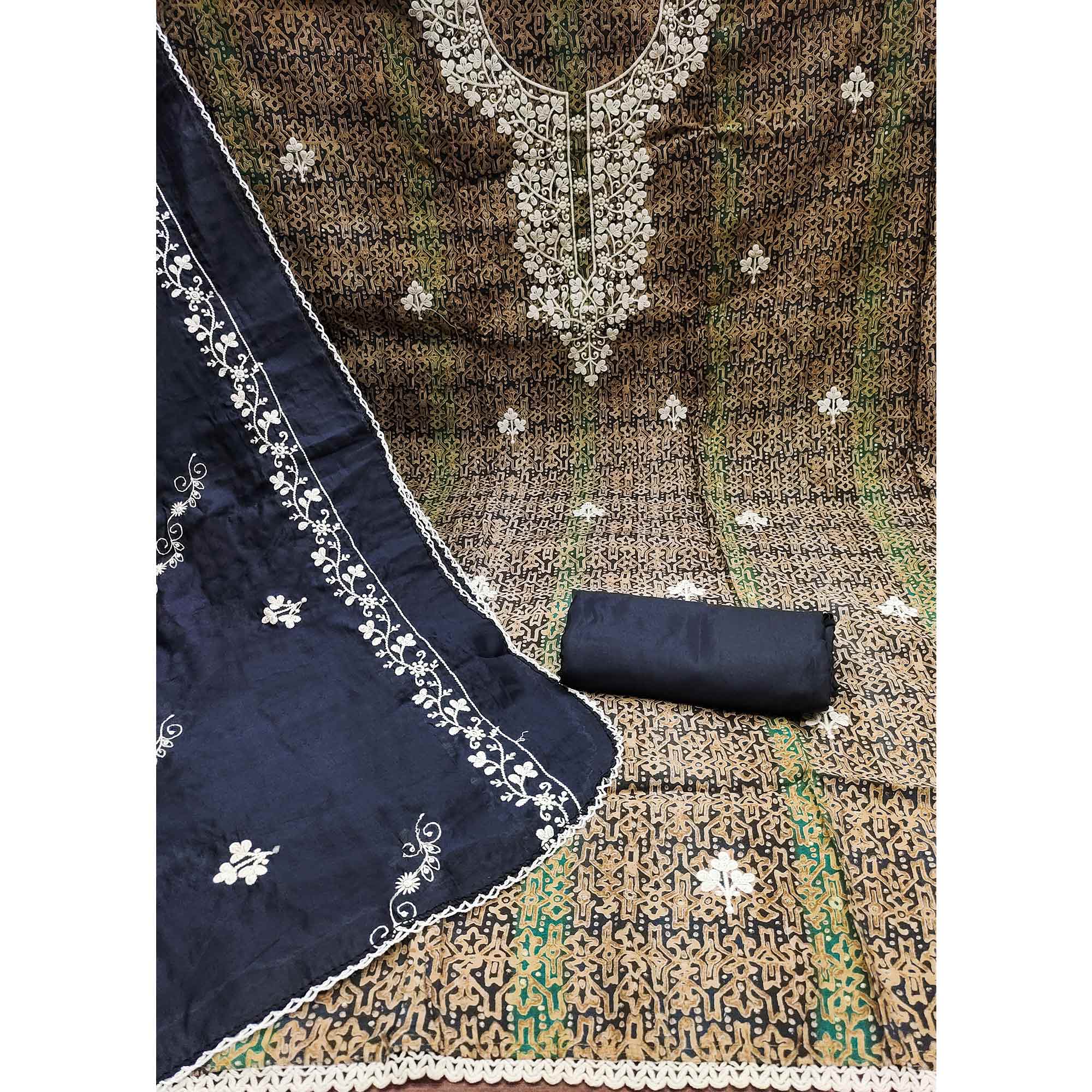 Navy Blue Floral Embroidered With Printed Pure Cotton Dress Material