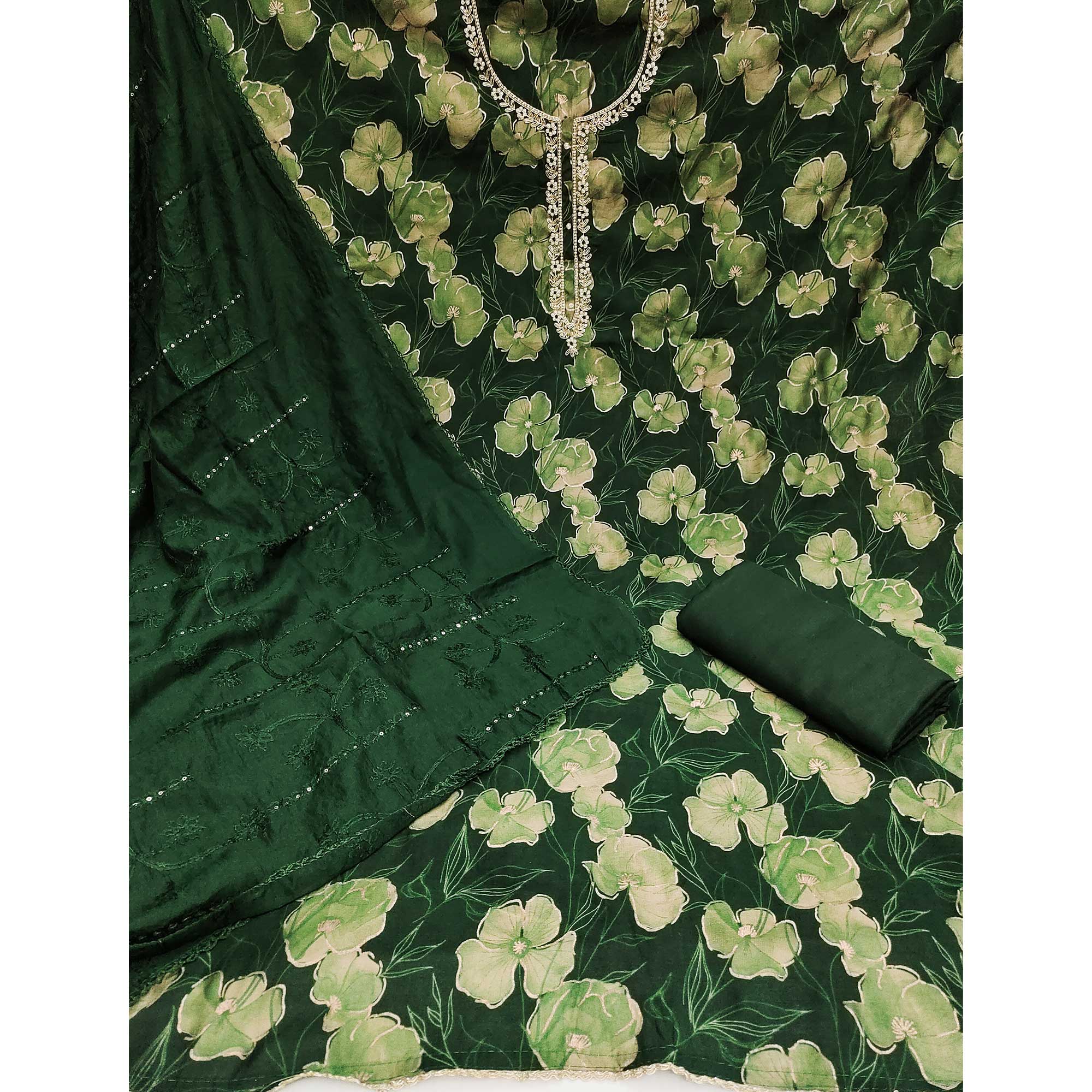 Green Floral Printed With Handwork Cotton Silk Dress Material