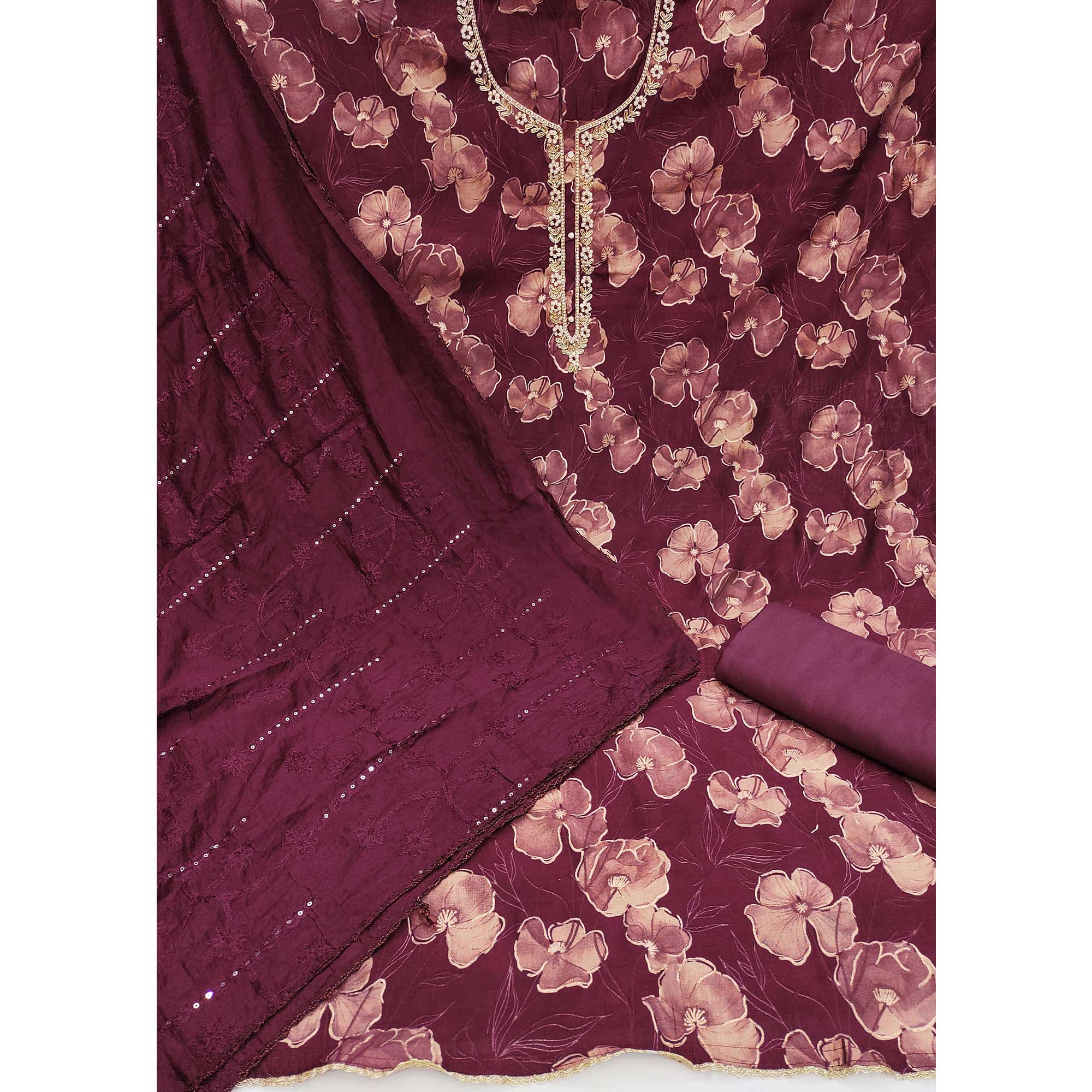 Wine Floral Printed With Handwork Cotton Silk Dress Material
