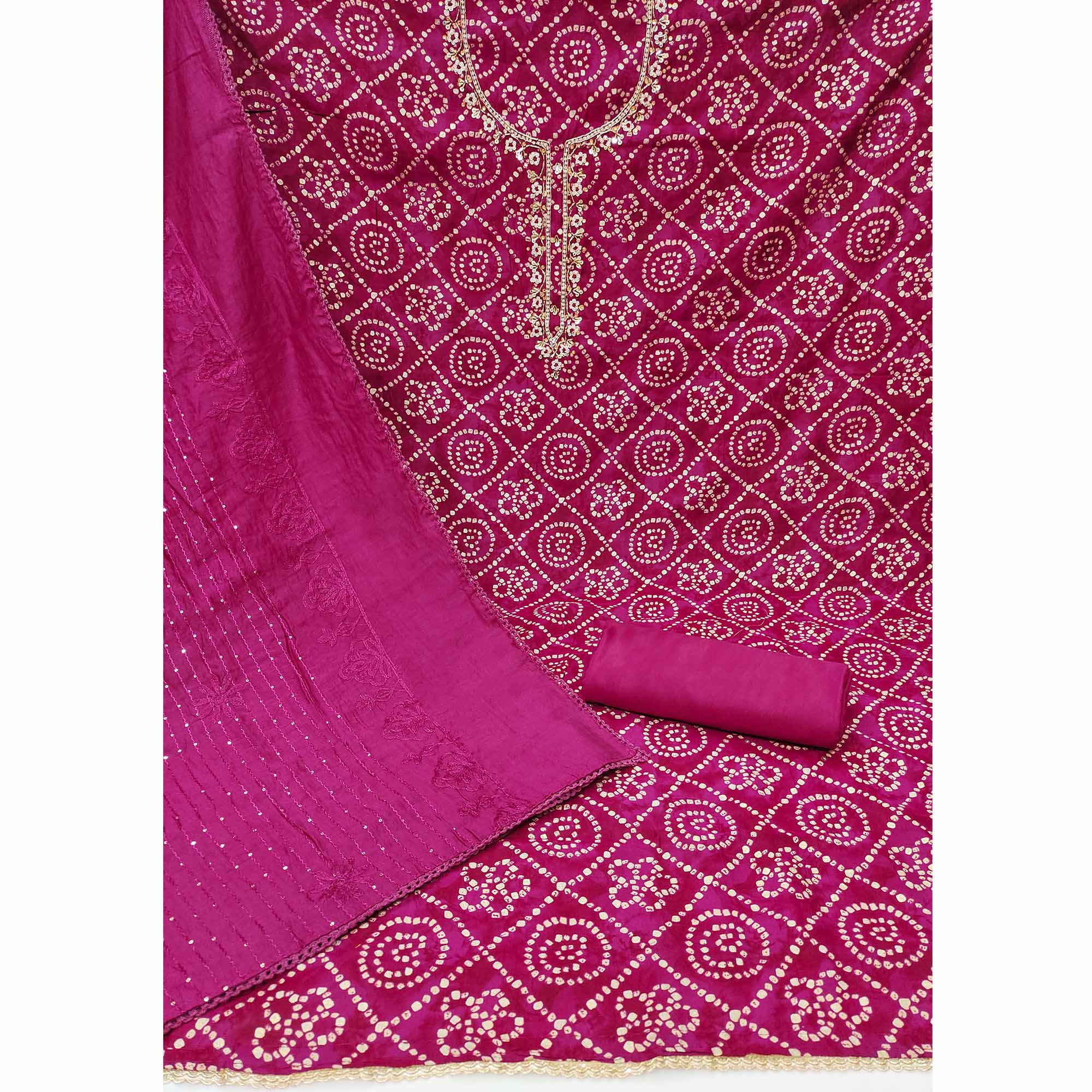 Pink Bandhani Printed Cotton Silk Dress Material
