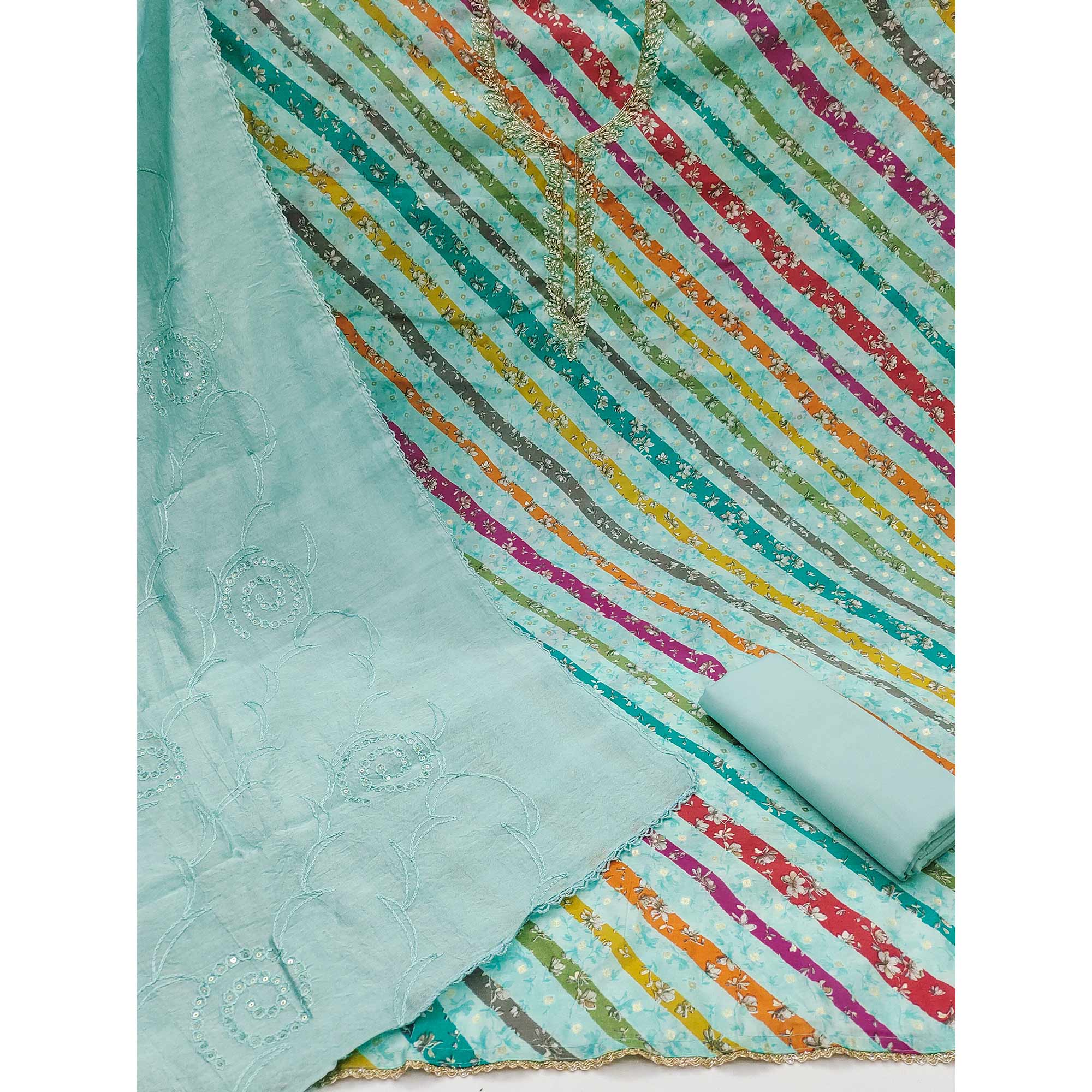 Turquoise Striped Printed Pure Cotton Dress Material