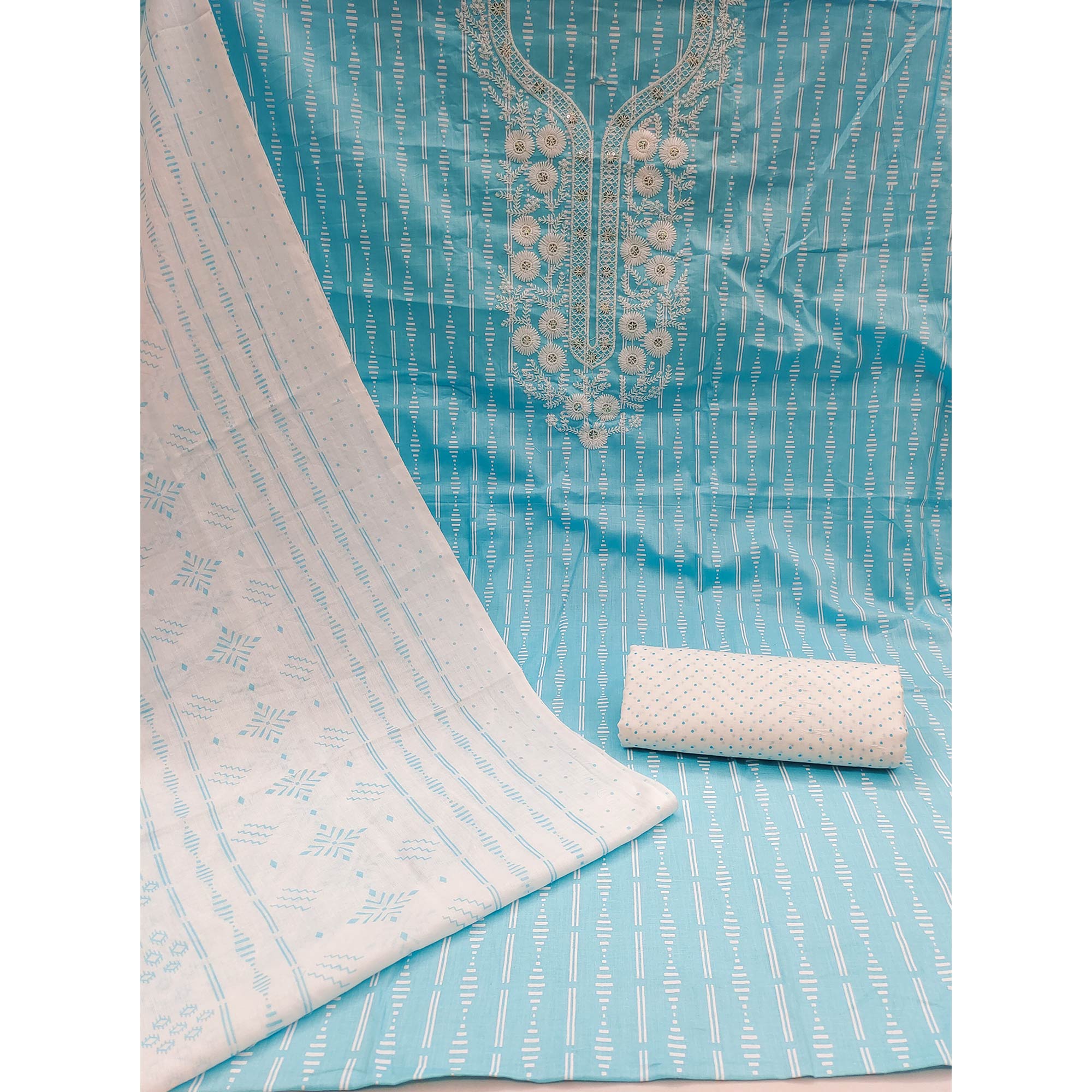 Blue Printed With Yoke Embroidered Pure Cotton Dress Material