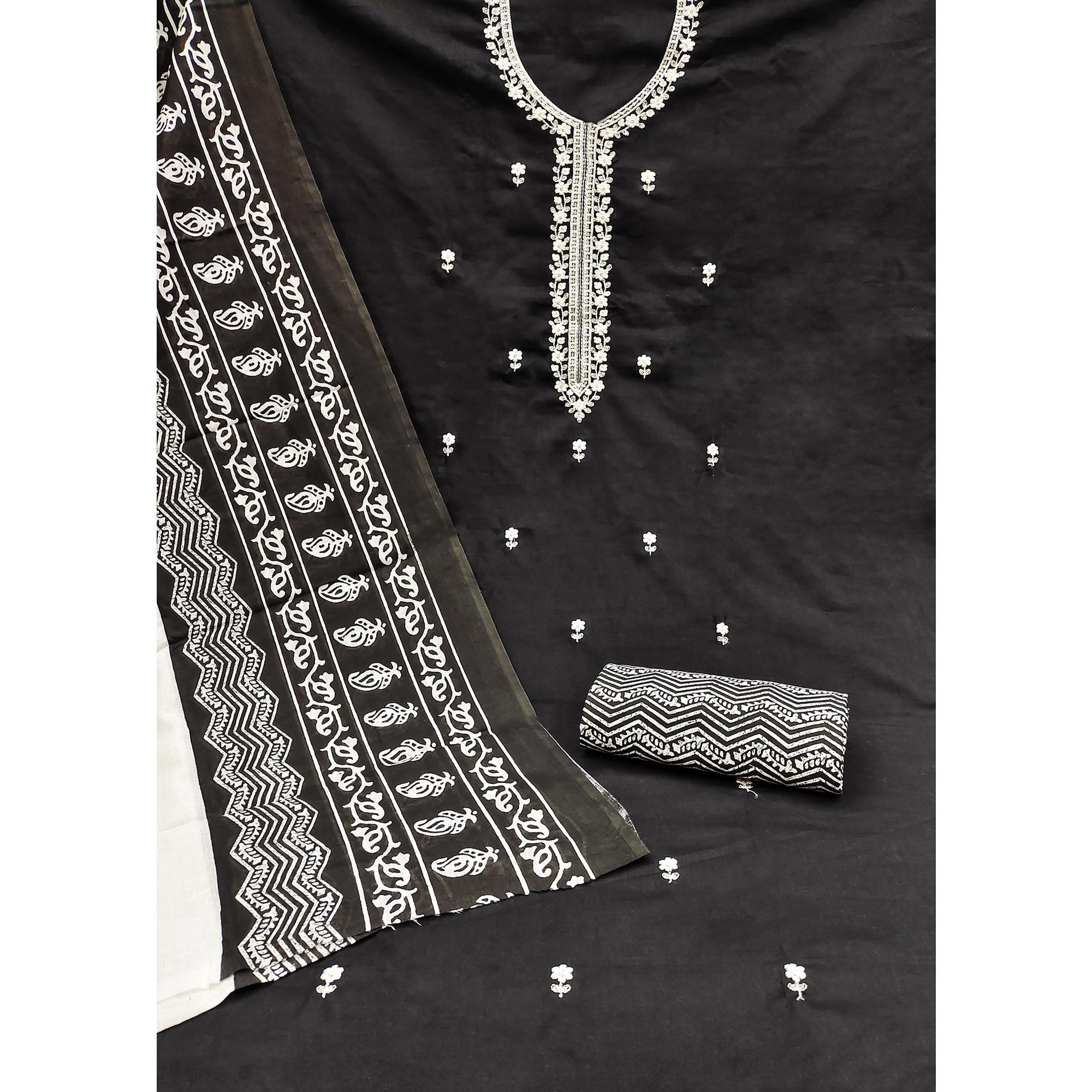 Black Embroidered Pure Cotton Dress Material