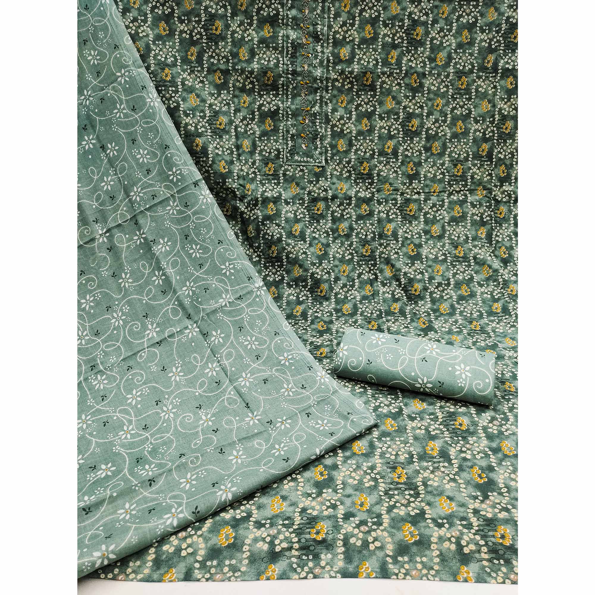 Dusty Green Bandhani Printed Pure Cotton Dress Material