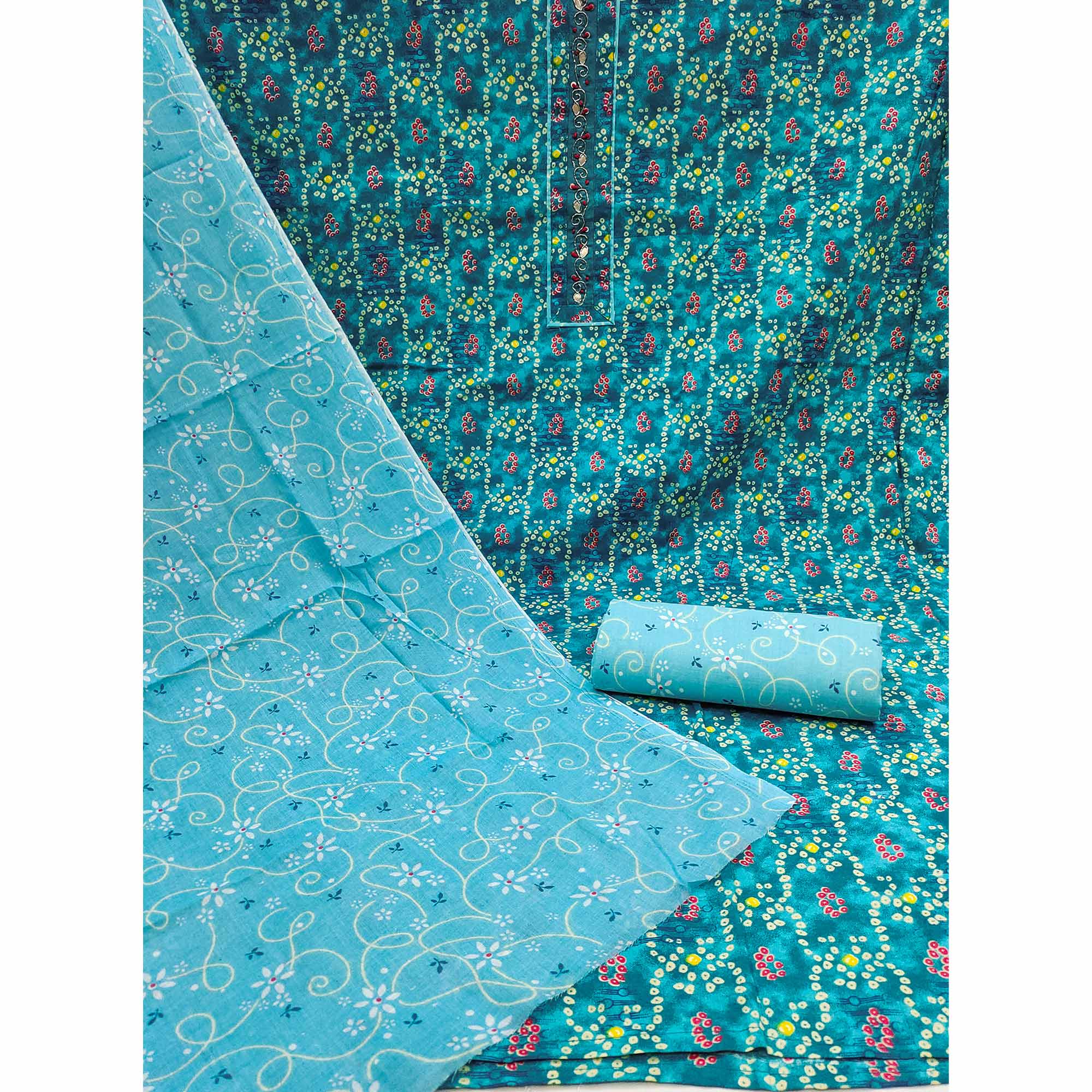 Teal Bandhani Printed Pure Cotton Dress Material