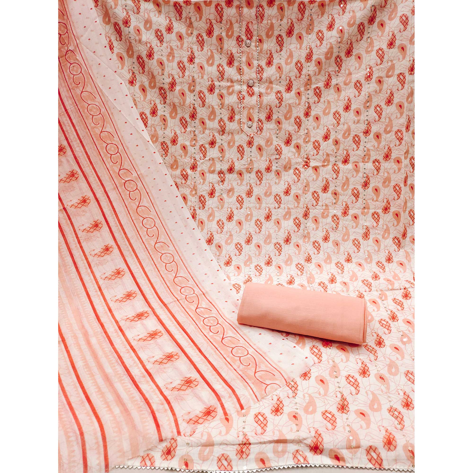 Peach Printed With Sequins Work Pure Cotton Dress Material