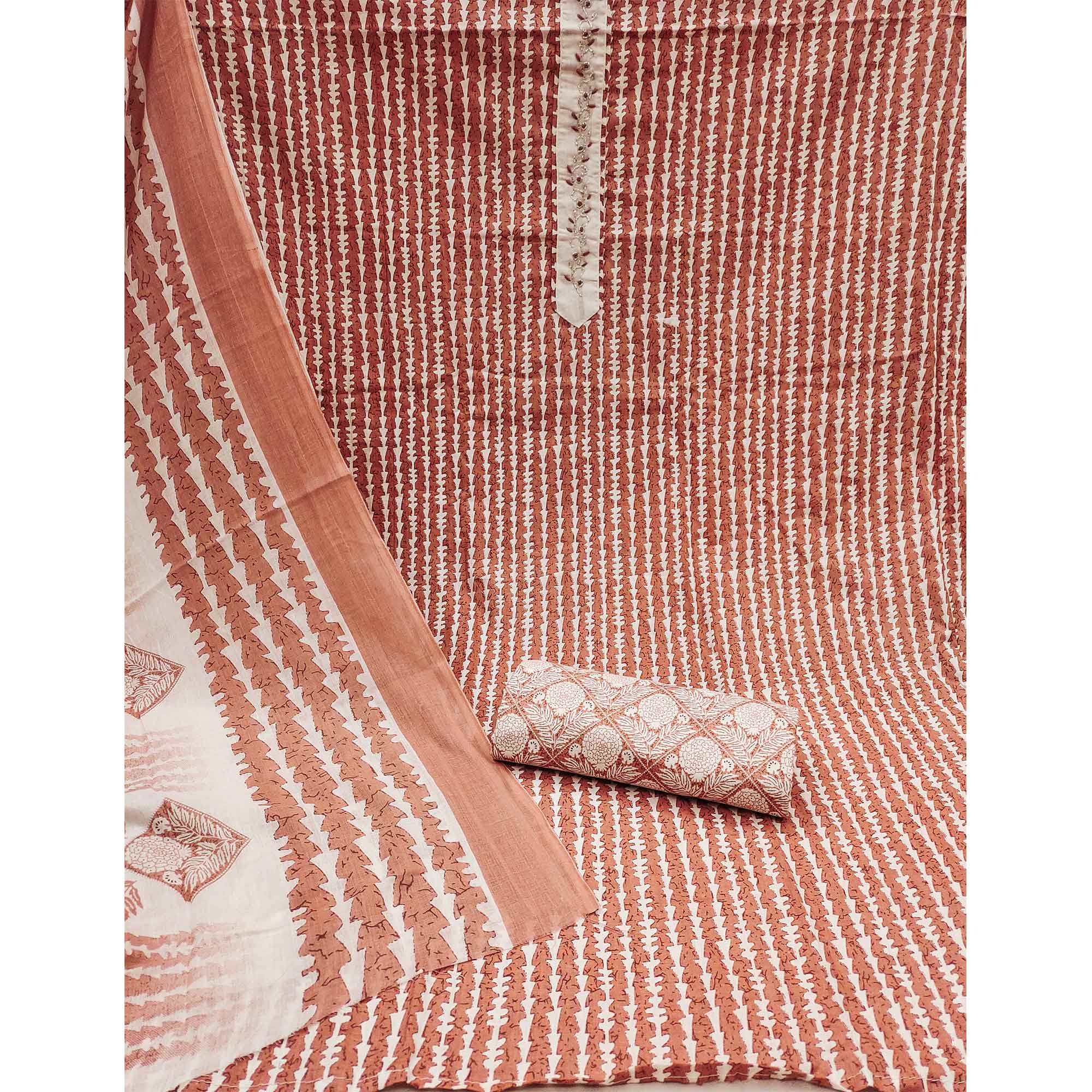 Rust Printed Pure Cotton Dress Material