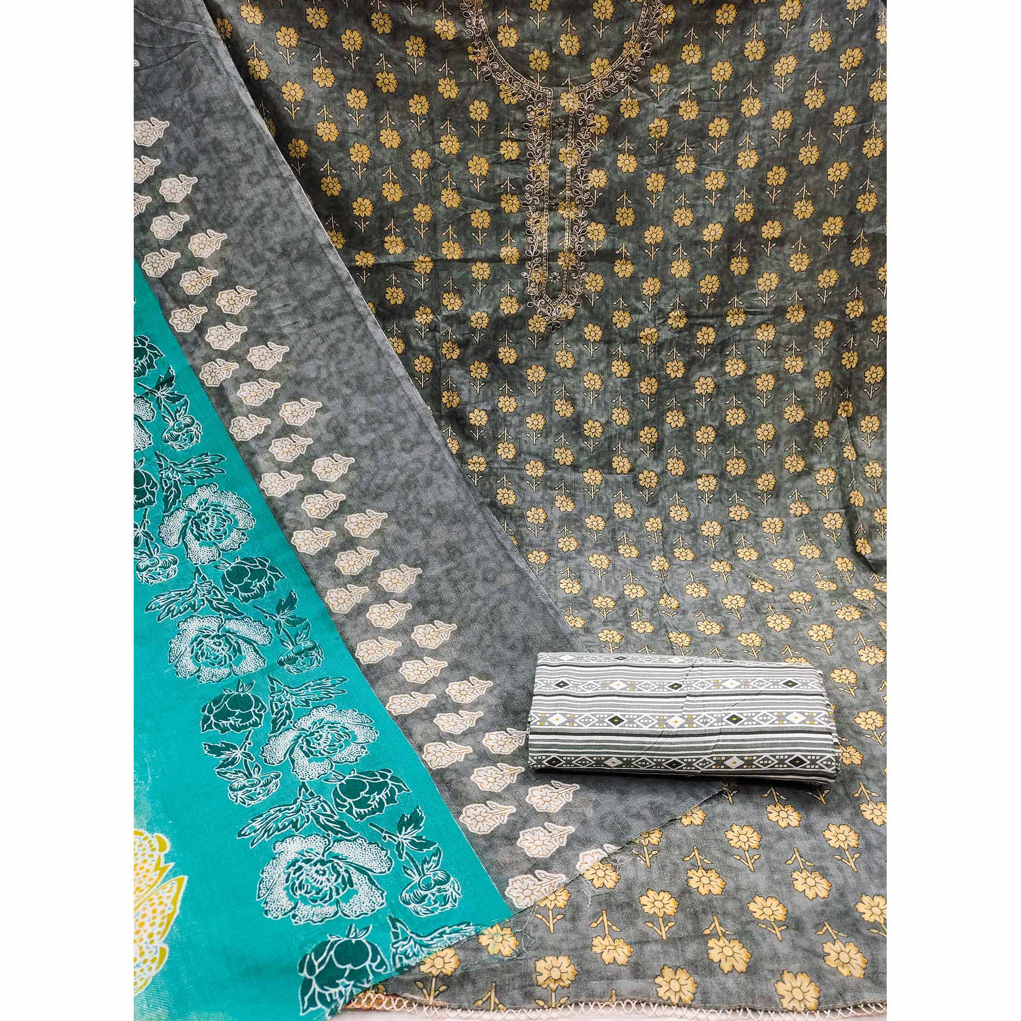 Grey Floral Printed Pure Cotton Dress Material