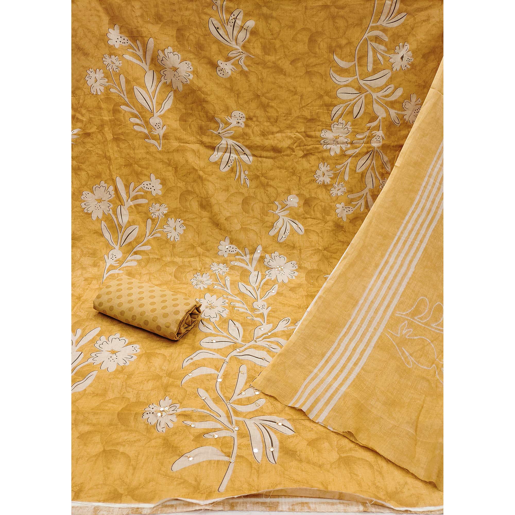 Mustard Floral Printed Mirror Work Pure Cotton Dress Material