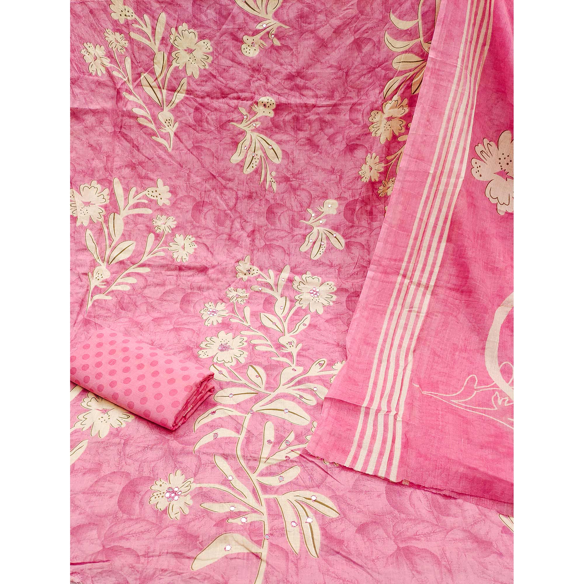 Pink Floral Printed Mirror Work Pure Cotton Dress Material