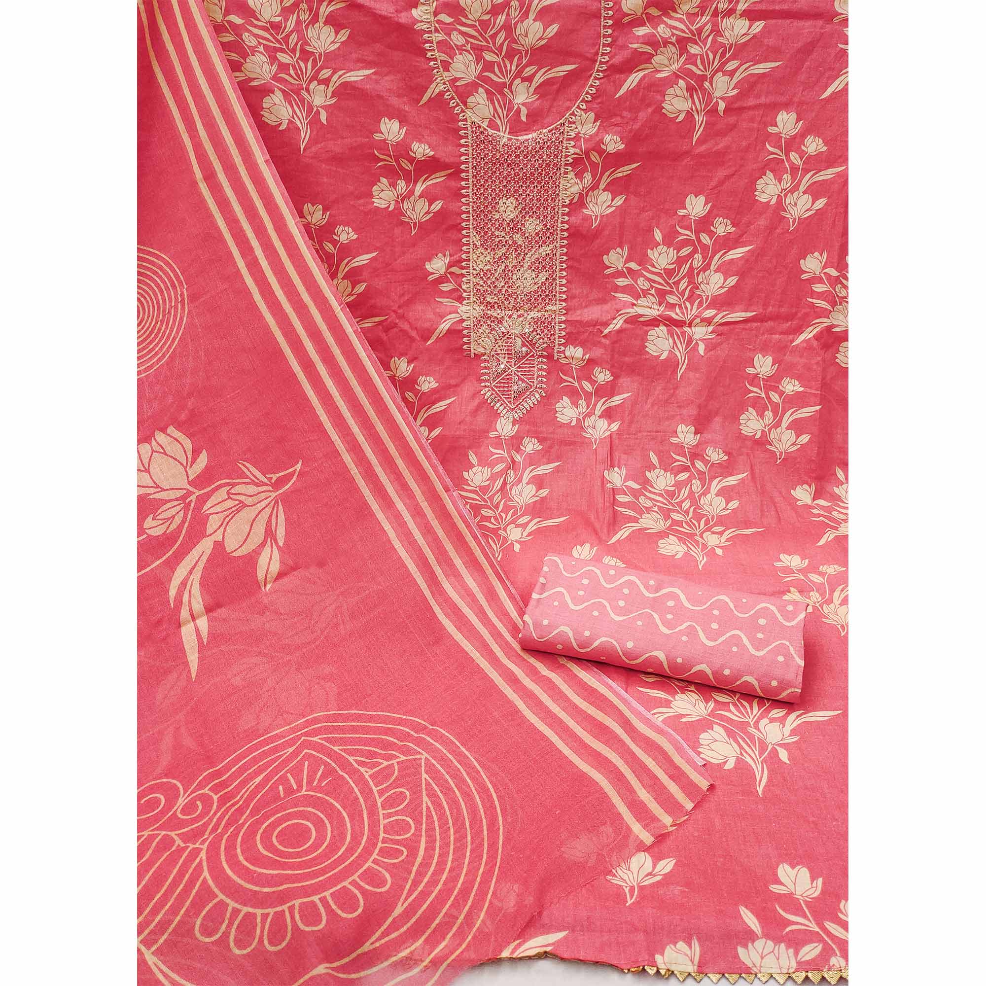 Gajri Pink Printed With Sequins Work Pure Cotton Dress Material