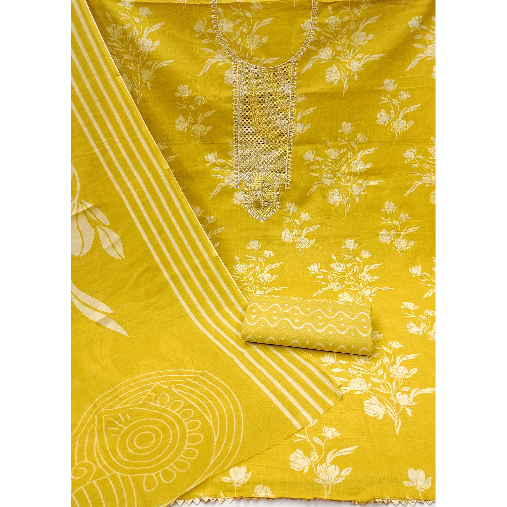 Mustard Printed With Sequins Work Pure Cotton Dress Material