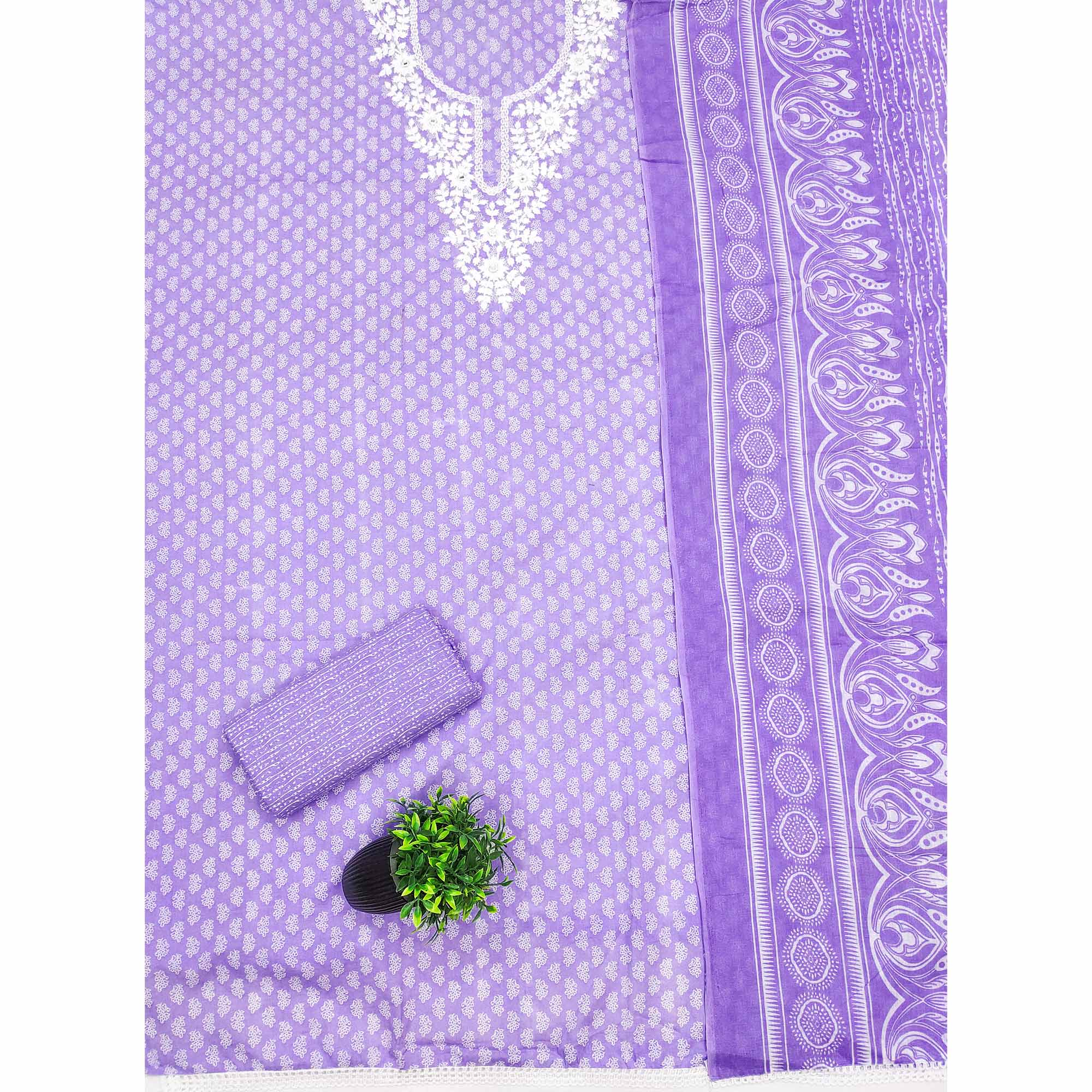 Lavender Pure Cotton Dress Material with Artistic Neck Embroidery and Subtle Printed Motifs