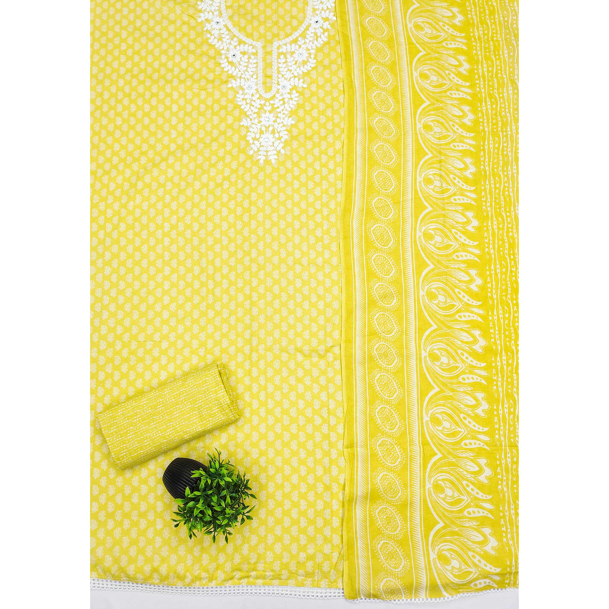 Yellow Pure Cotton Dress Material with Artistic Neck Embroidery and Subtle Printed Motifs