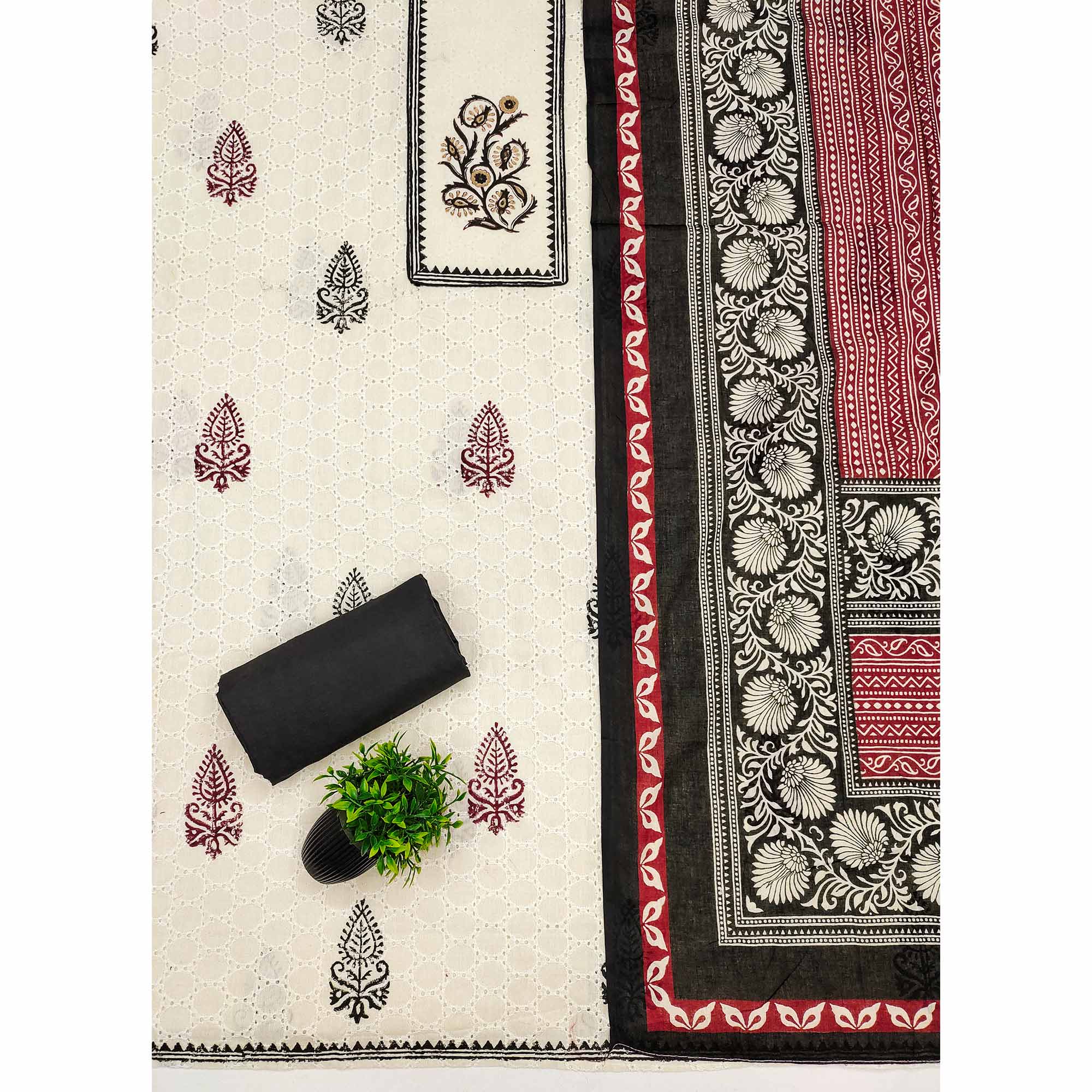 Off White & Black Dress Material in Pure Cotton with Schiffli Detailing and Handblock Motifs