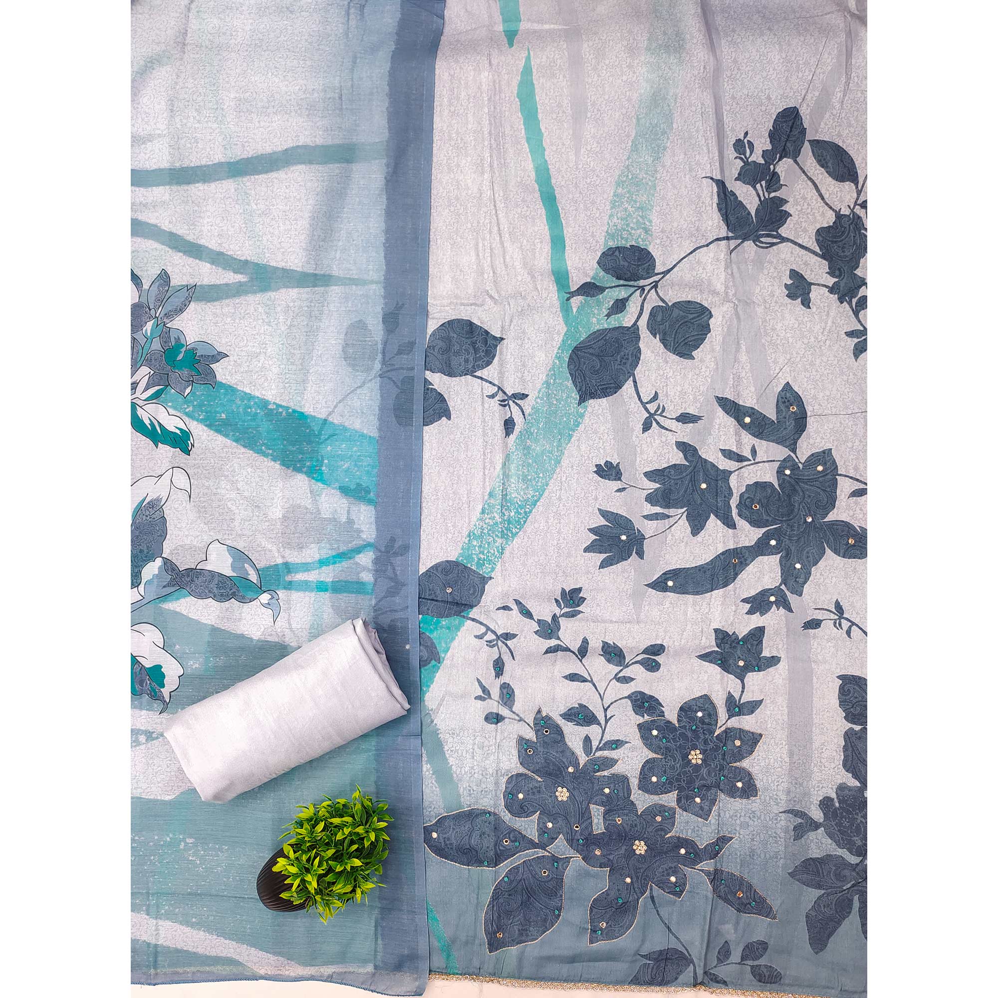 Blue & Grey Floral Print Cotton Fabric with Intricate Beads Work