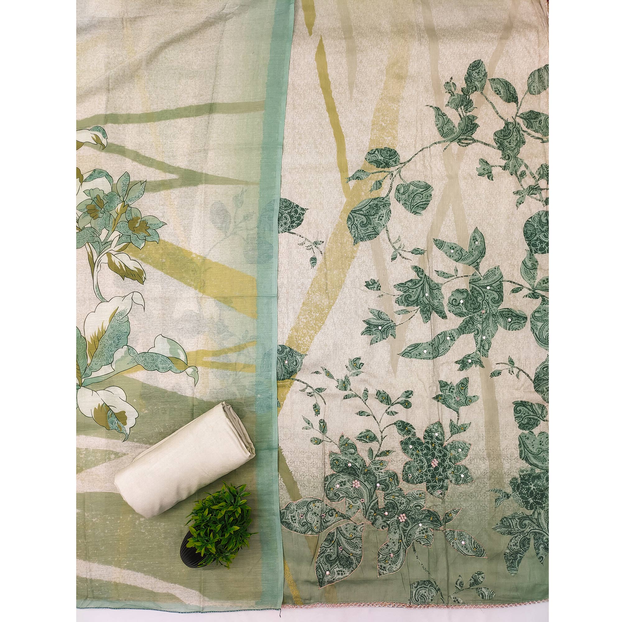 Green & Mint Floral Print Cotton Fabric with Intricate Beads Work