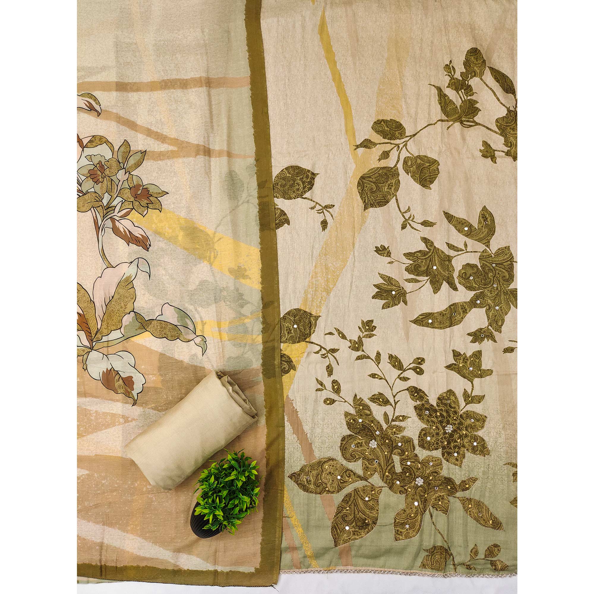 Olive & Beige Floral Print Cotton Fabric with Intricate Beads Work