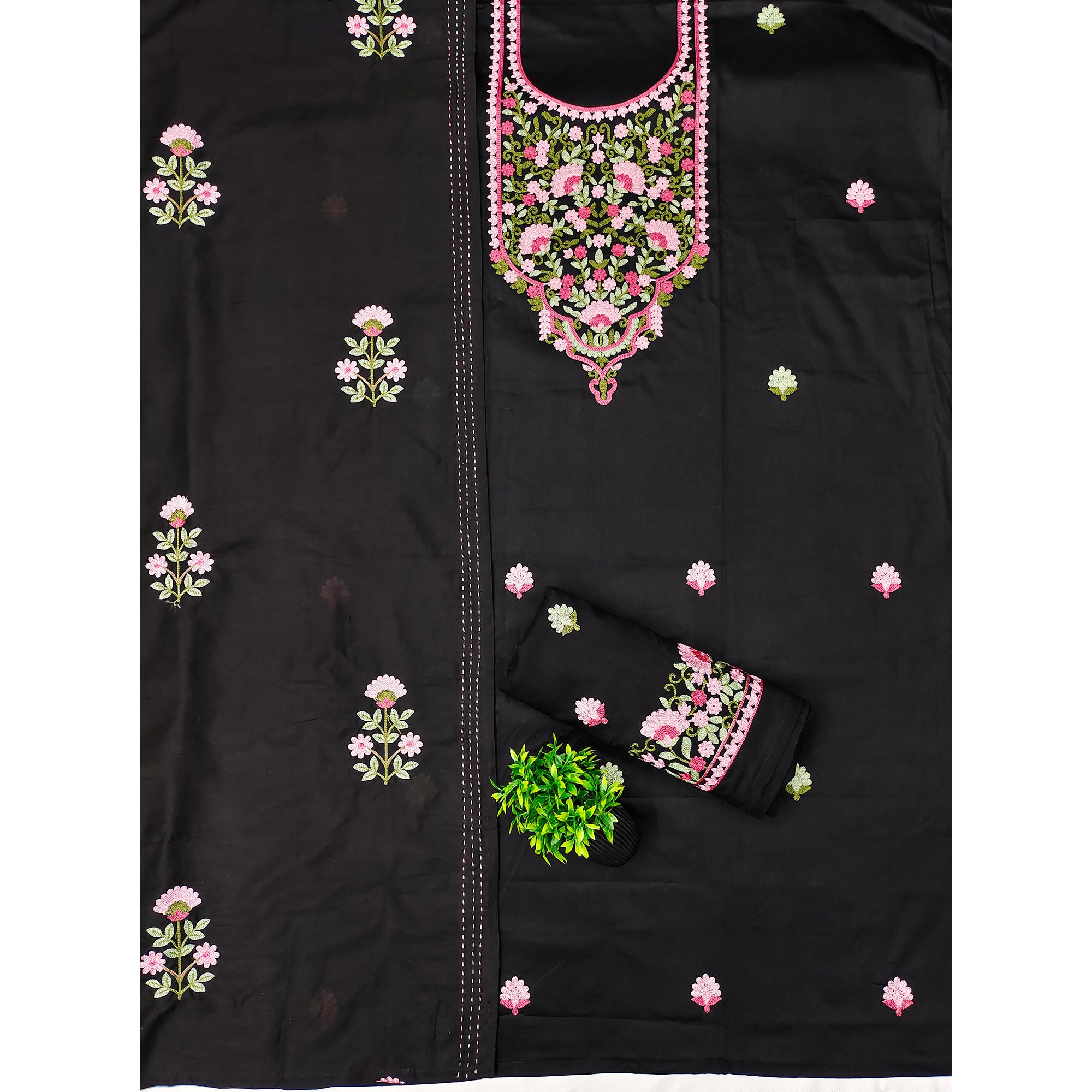 Unstitched Black Cotton Fabric with Graceful Floral Embroidery