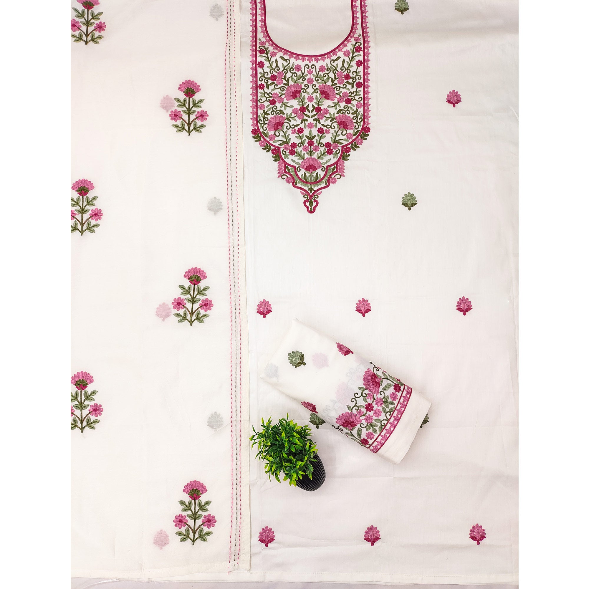 Unstitched Off-White Cotton Fabric with Graceful Floral Embroidery