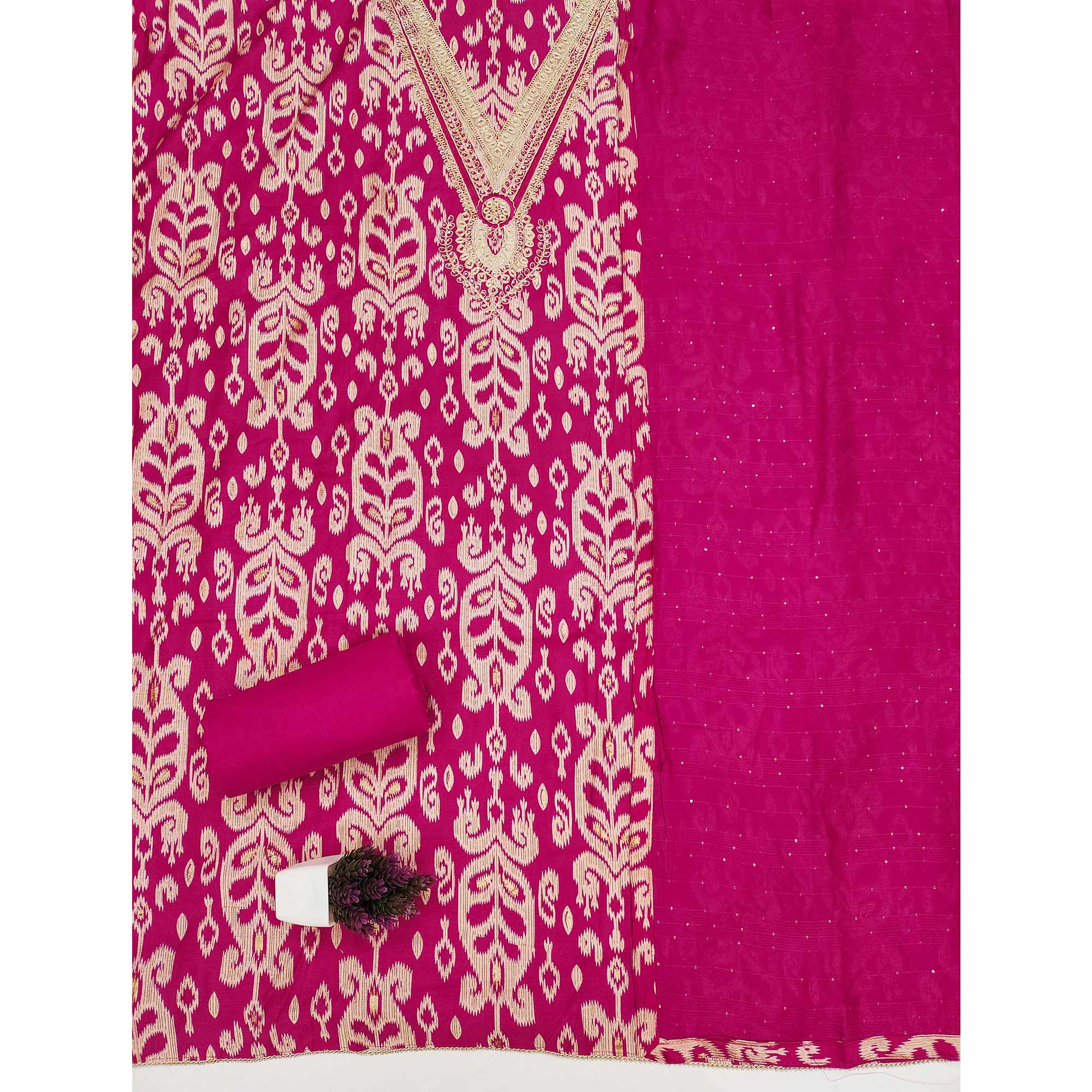 Graceful Pink Ikkat Cotton Blend Dress Material Showcasing Cording Embroidery & Sequins