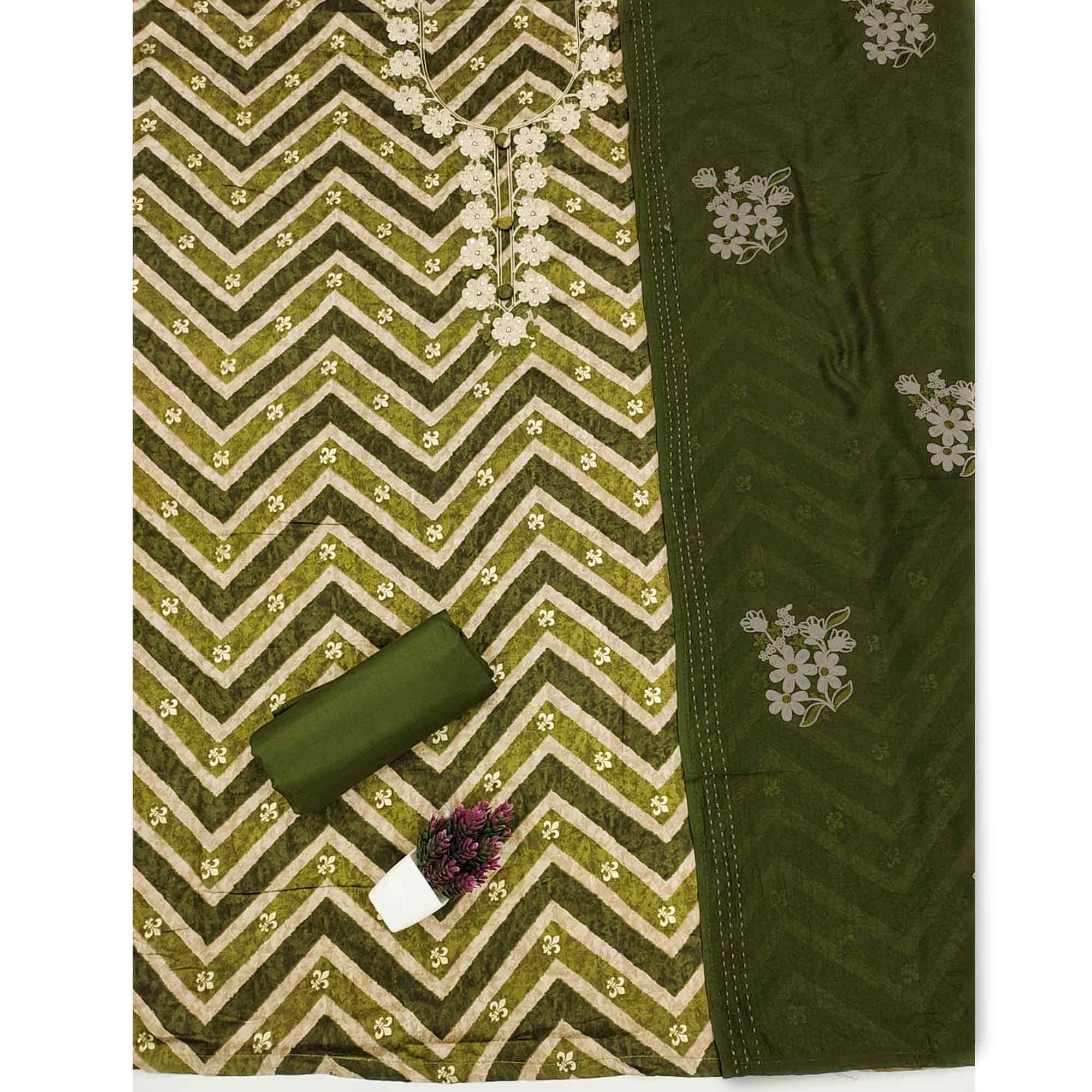 Artistic Green Zig Zag Print Cotton Blend Dress Material Accented With Floral Embroidery & Sequins