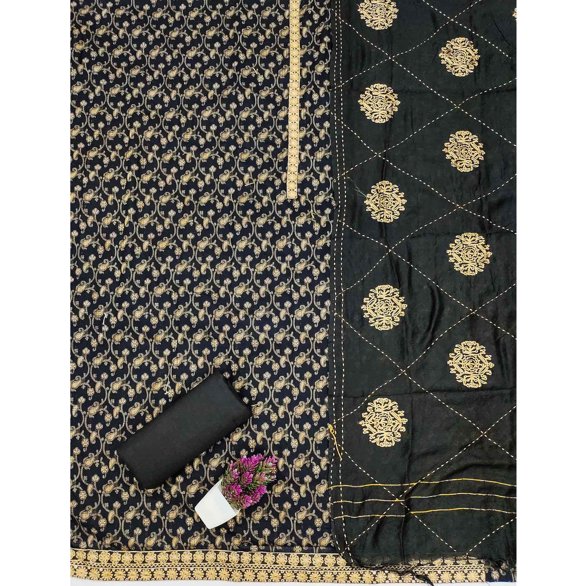 Elegant Black Cotton Blend Dress Material Featuring Floral & Paisley Prints With Embroidery Work