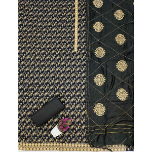 Elegant Black Cotton Blend Dress Material Featuring Floral & Paisley Prints With Embroidery Work