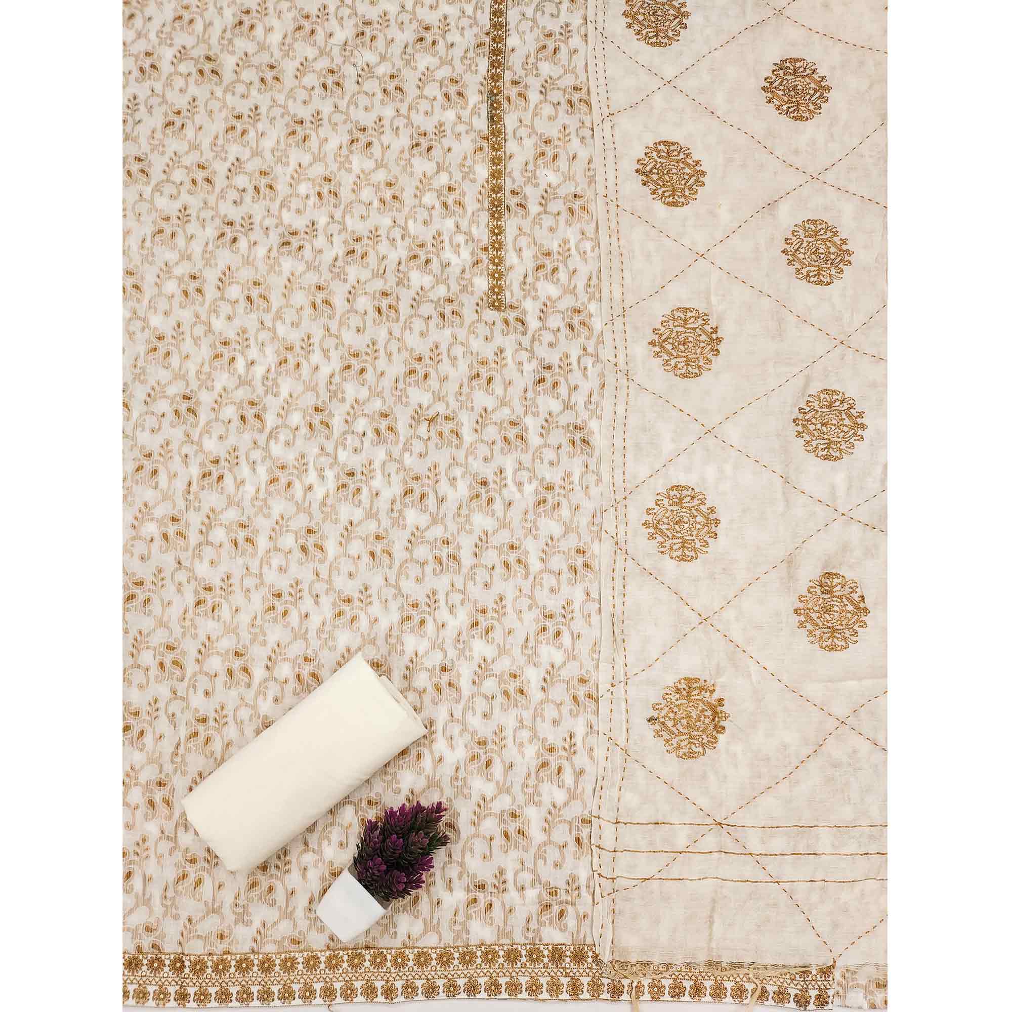 Elegant Offwhite Cotton Blend Dress Material Featuring Floral & Paisley Prints With Embroidery Work