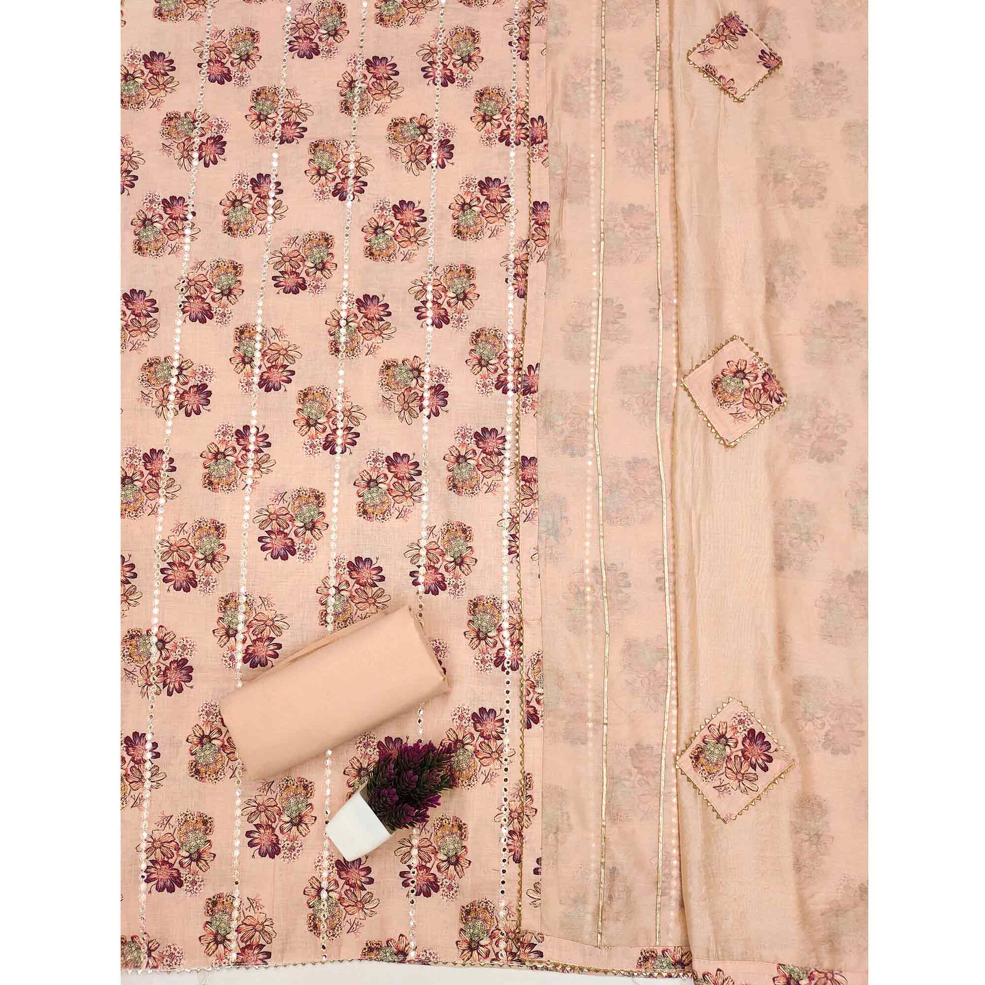 Stylish Peach Floral Print Cotton Blend Dress Material With Delicate Embroidery Work