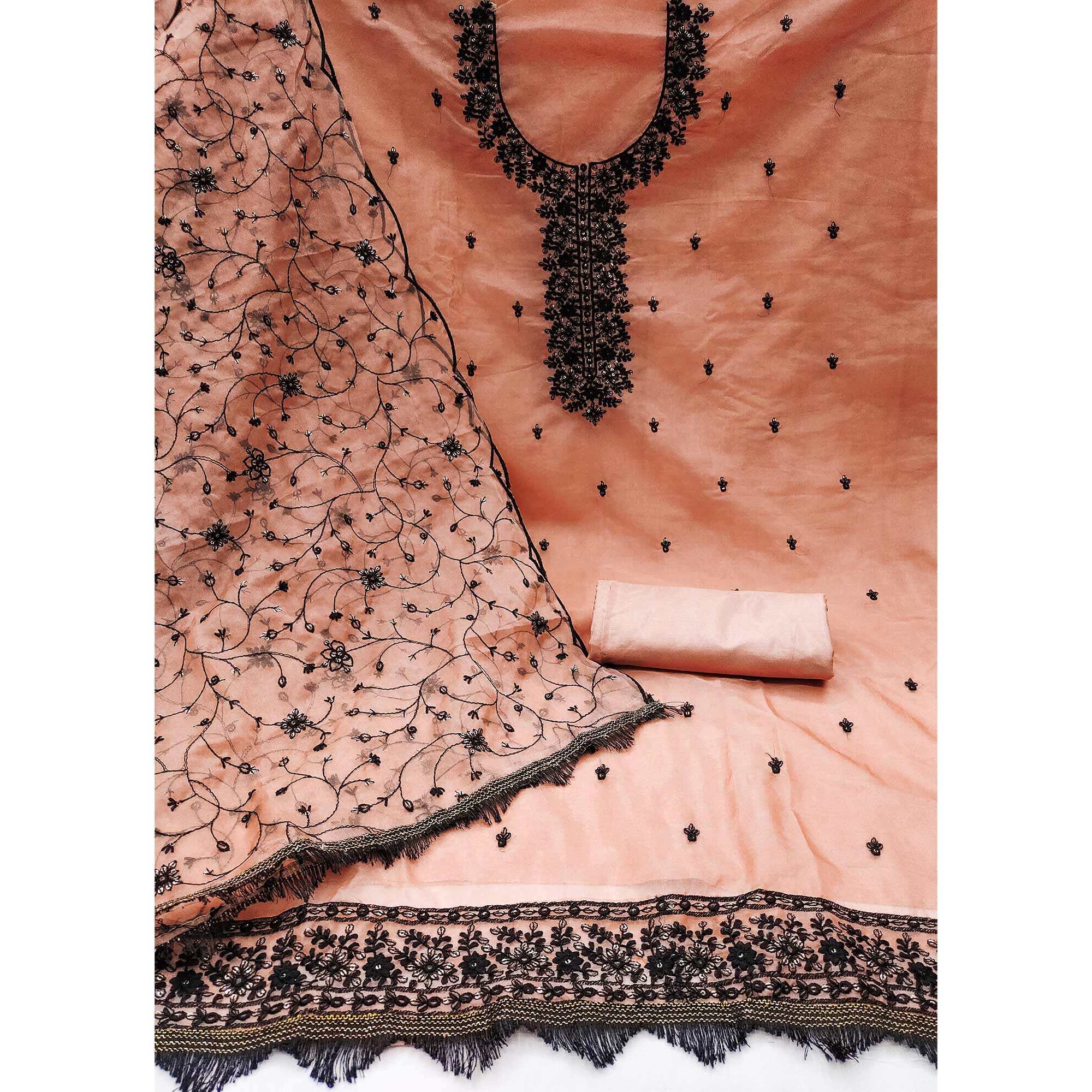 Peach Floral Embroidered Organza Dress Material