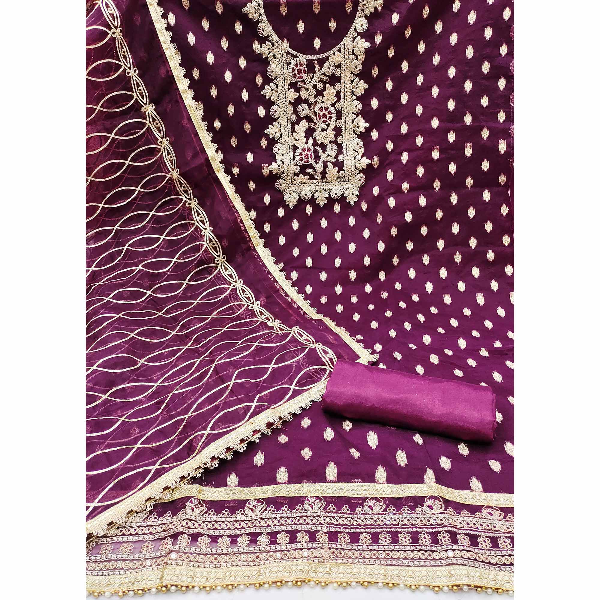 Wine Floral Woven Organza Dress Material